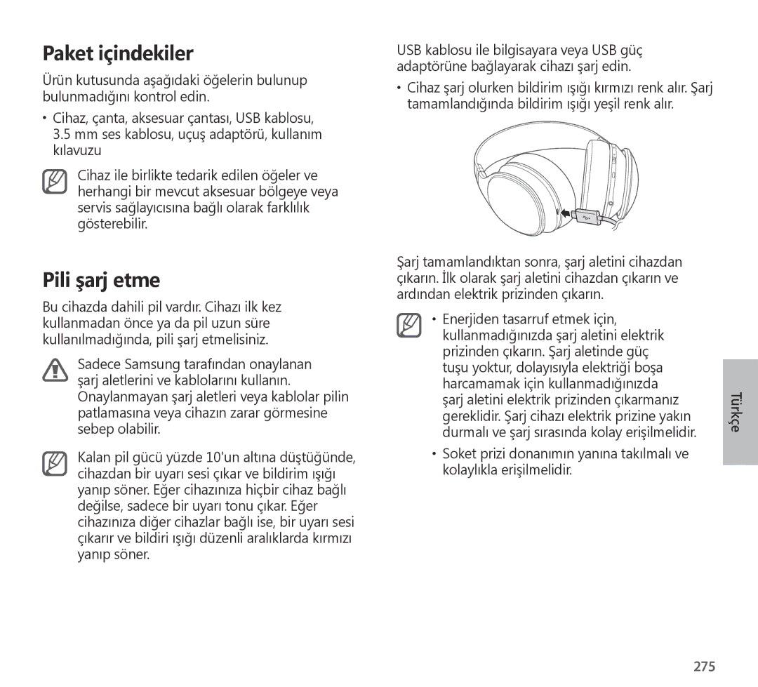 Samsung EO-AG900BWEDWW, EO-AG900BSEGWW, EO-AG900BWEGWW, EO-AG900BWEGAE, EO-AG900BBEGRU, EO-AG900BBEGAE Paket içindekiler, 275 