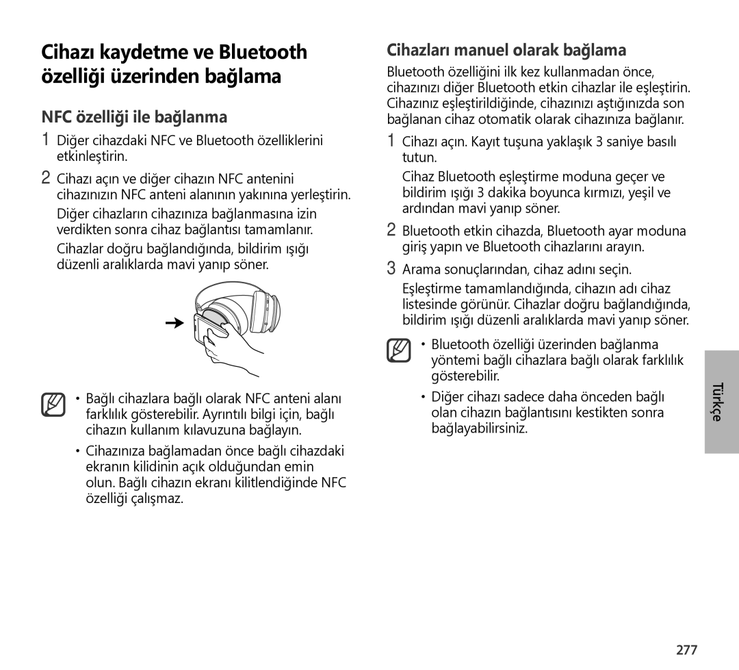 Samsung EO-AG900BSEGRU, EO-AG900BSEGWW, EO-AG900BWEGWW manual Cihazı kaydetme ve Bluetooth özelliği üzerinden bağlama, 277 