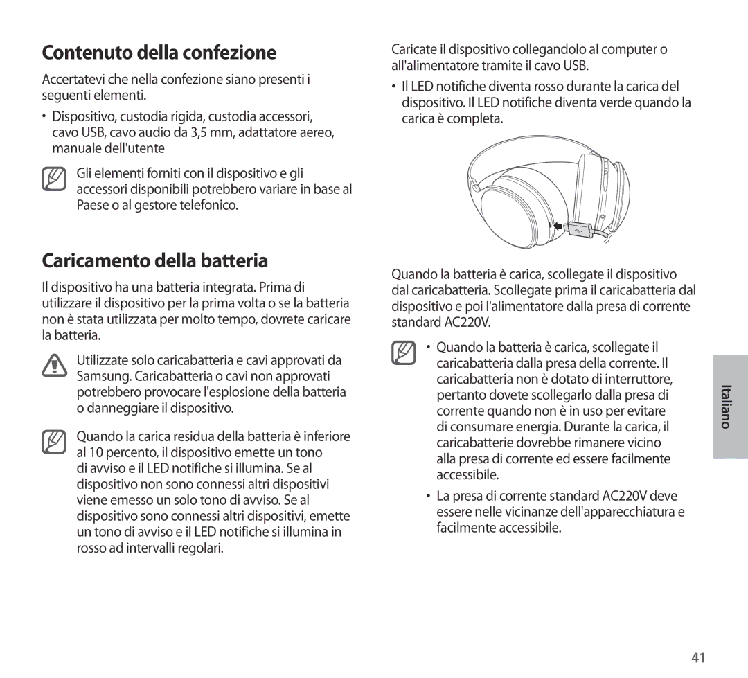 Samsung EO-AG900BBEDRU, EO-AG900BSEGWW, EO-AG900BWEGWW manual Contenuto della confezione, Caricamento della batteria 