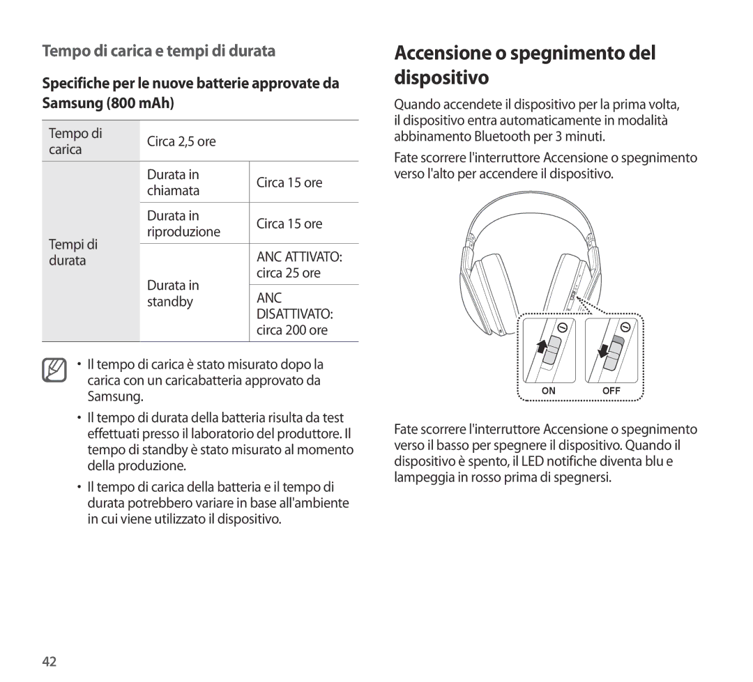 Samsung EO-AG900BSEGWW, EO-AG900BWEGWW manual Tempo di carica e tempi di durata, Durata Circa 25 ore, Standby, Circa 200 ore 