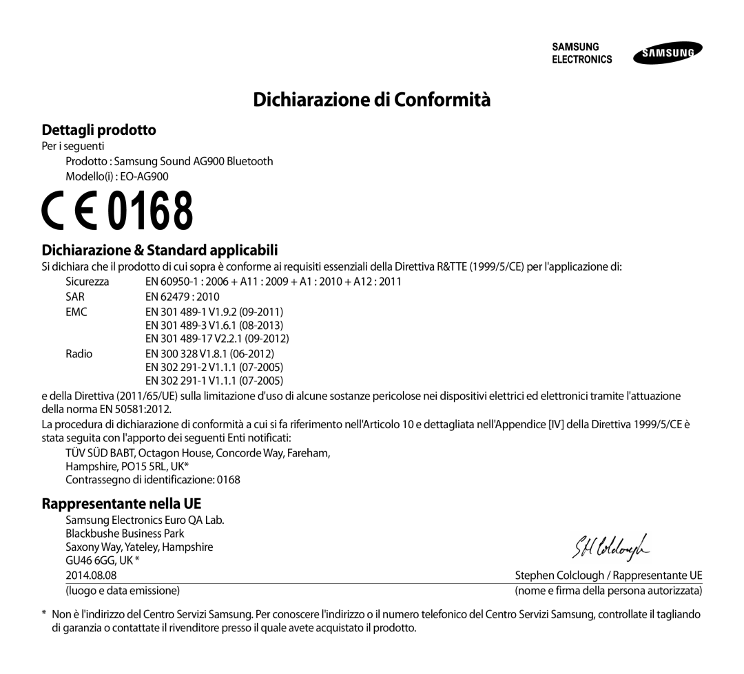 Samsung EO-AG900BWEGRU manual Dichiarazione di Conformità, Dettagli prodotto, Dichiarazione & Standard applicabili 