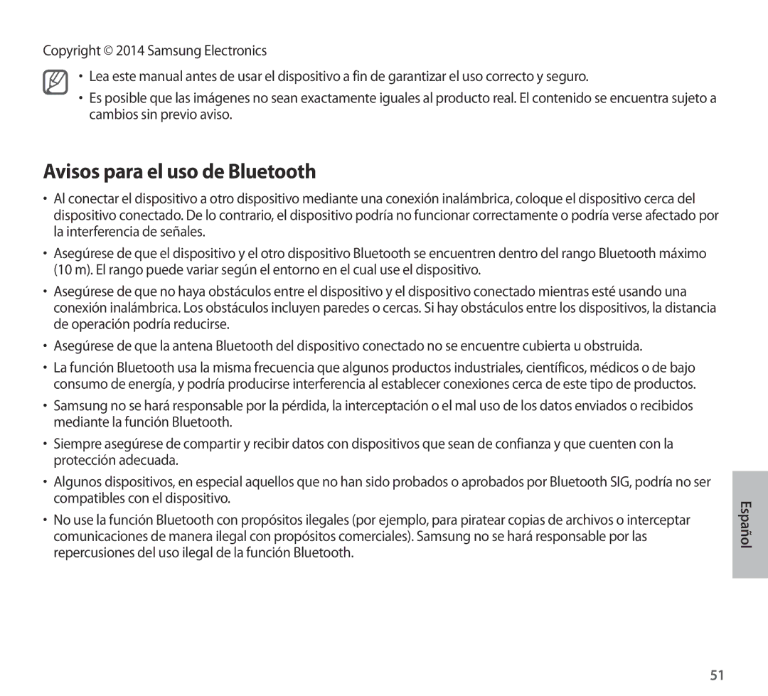 Samsung EO-AG900BWEDWW, EO-AG900BSEGWW, EO-AG900BWEGWW, EO-AG900BWEGAE manual Avisos para el uso de Bluetooth, Español 