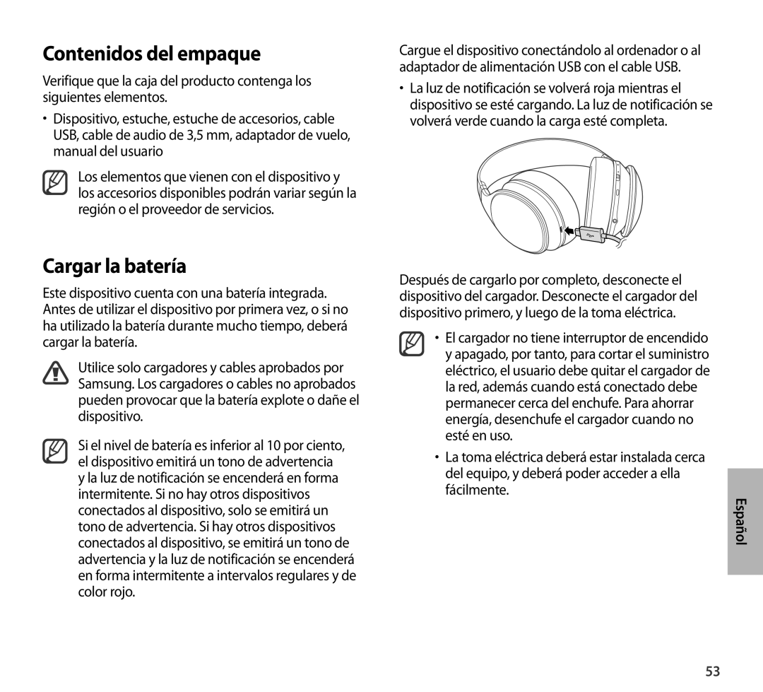 Samsung EO-AG900BSEGRU, EO-AG900BSEGWW, EO-AG900BWEGWW, EO-AG900BWEGAE manual Contenidos del empaque, Cargar la batería 