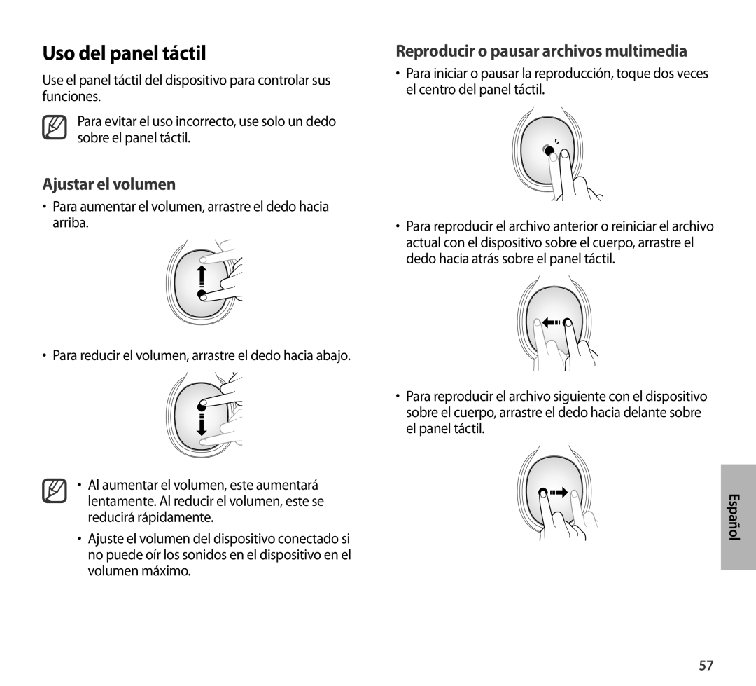 Samsung EO-AG900BWEGWW, EO-AG900BSEGWW Uso del panel táctil, Ajustar el volumen, Reproducir o pausar archivos multimedia 