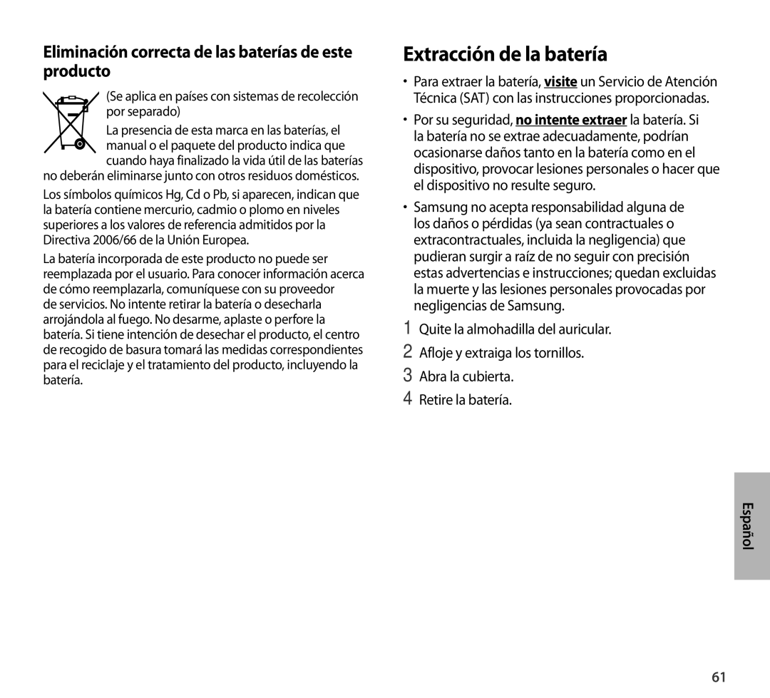 Samsung EO-AG900BBEGAE, EO-AG900BSEGWW Extracción de la batería, Eliminación correcta de las baterías de este producto 