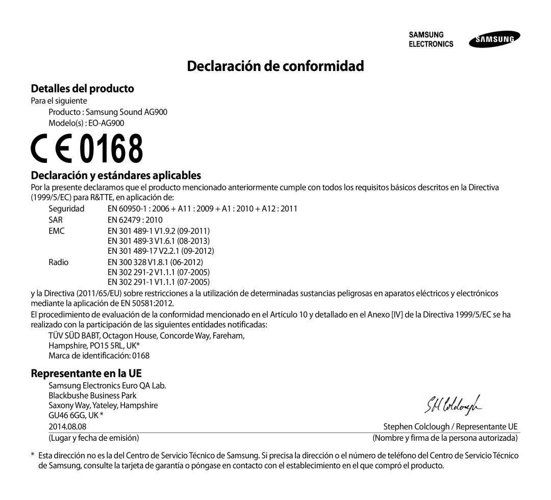 Samsung EO-AG900BBEDAE manual Declaración de conformidad, Detalles del producto, Declaración y estándares aplicables 