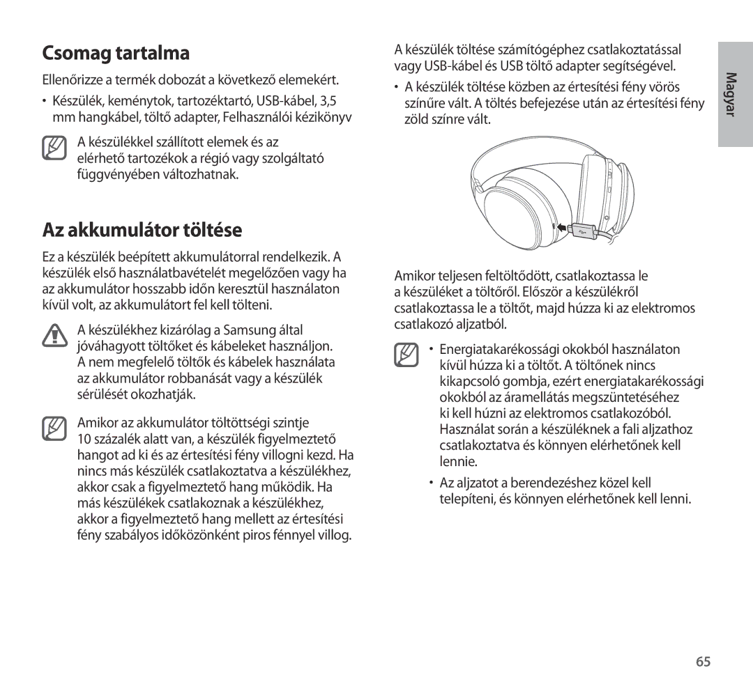 Samsung EO-AG900BWEDWW manual Csomag tartalma, Az akkumulátor töltése, Ellenőrizze a termék dobozát a következő elemekért 