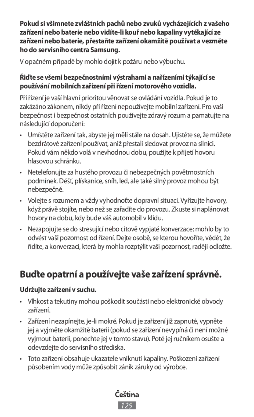 Samsung EO-BG920BBEGRU, EO-BG920BLEGWW manual Buďte opatrní a používejte vaše zařízení správně, Udržujte zařízení v suchu 