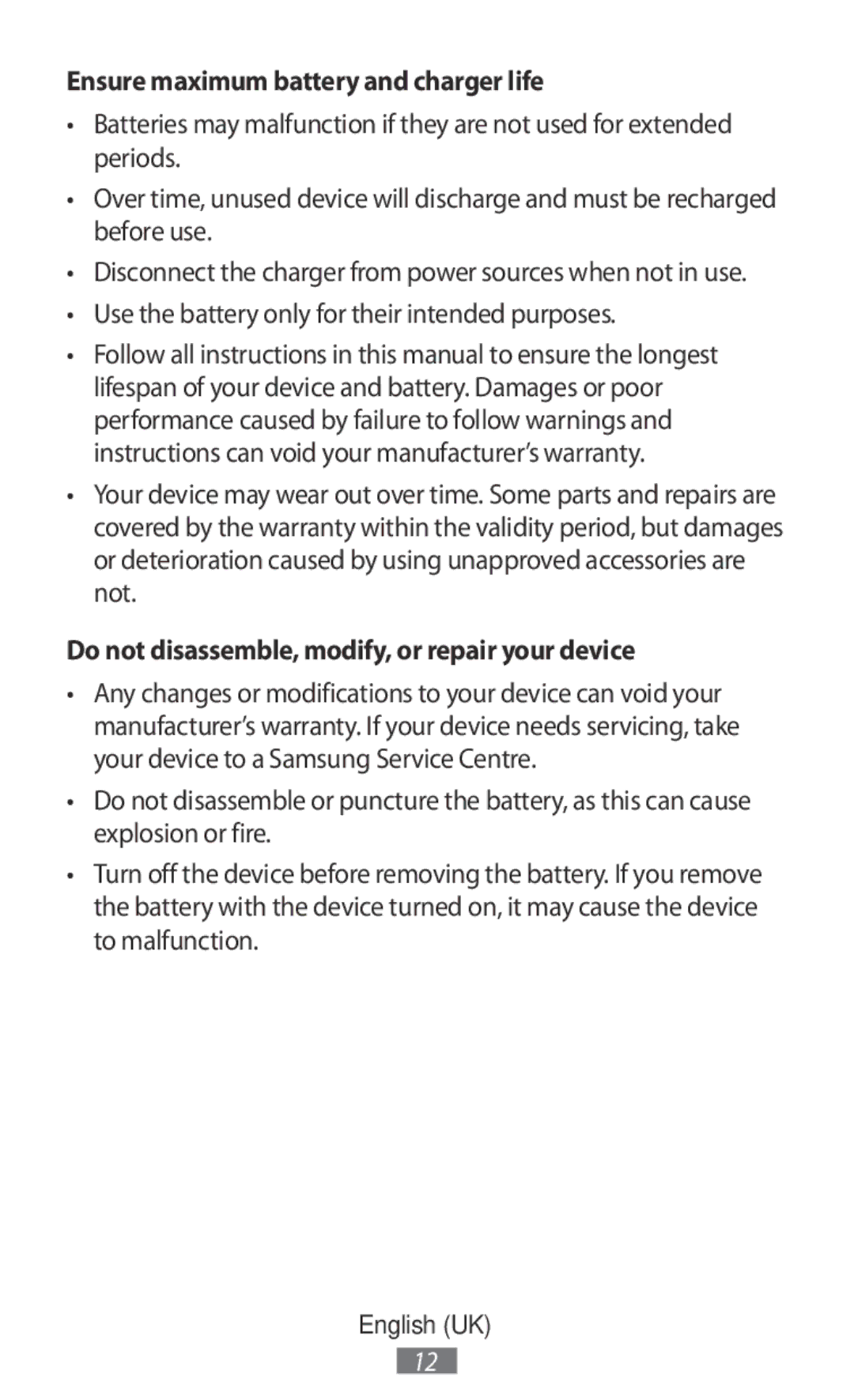 Samsung EO-BG920B manual Ensure maximum battery and charger life, Do not disassemble, modify, or repair your device 