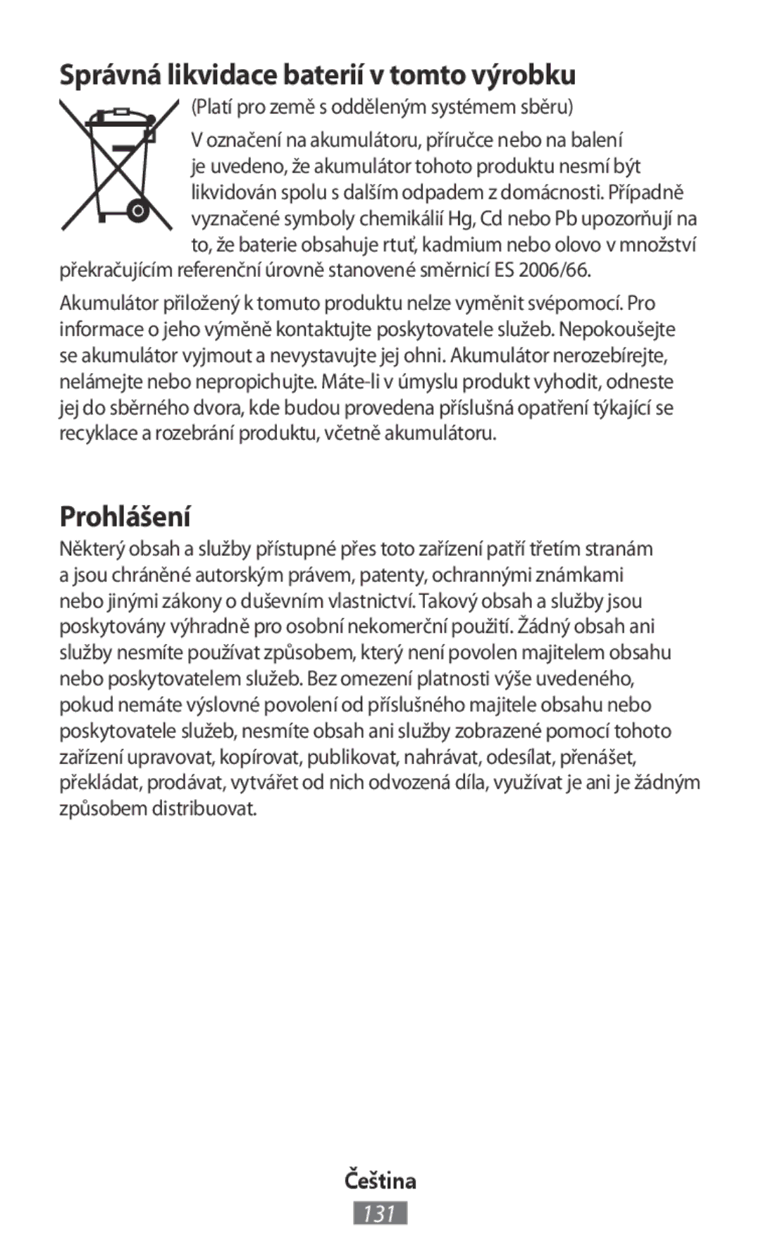 Samsung EO-BG920BLEGWW, EO-BG920BFEGWW, EJ-FT820BSEGDE, EJ-FT820BSEGFR Správná likvidace baterií v tomto výrobku, Prohlášení 