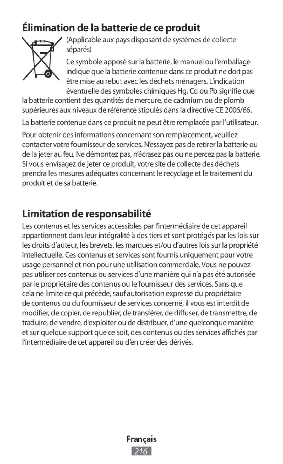 Samsung EJ-FT820BSRGRU, EO-BG920BLEGWW manual Élimination de la batterie de ce produit, Limitation de responsabilité 