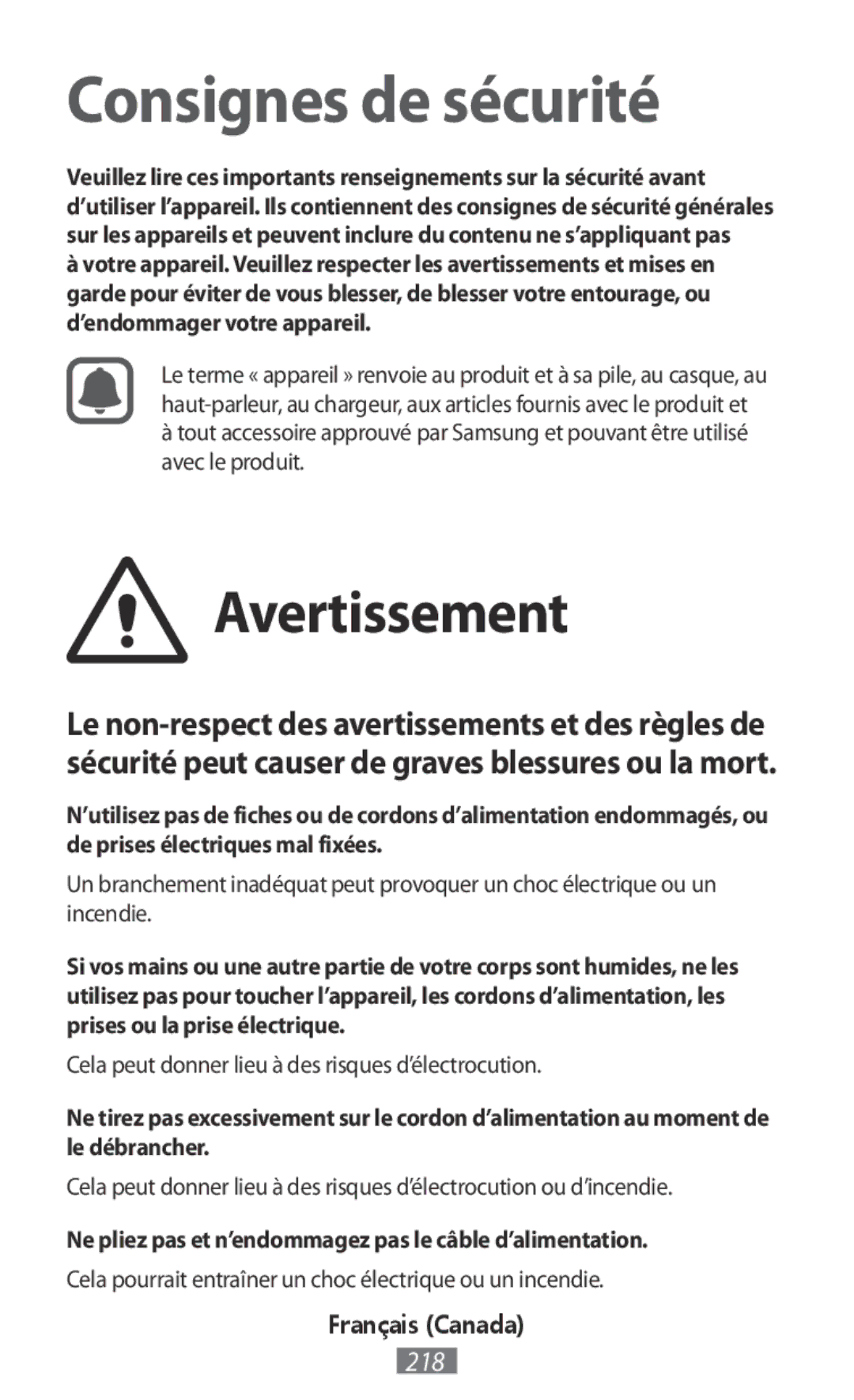 Samsung EO-BG920BWEGRU, EO-BG920BLEGWW, EO-BG920BFEGWW Cela peut donner lieu à des risques d’électrocution, Français Canada 