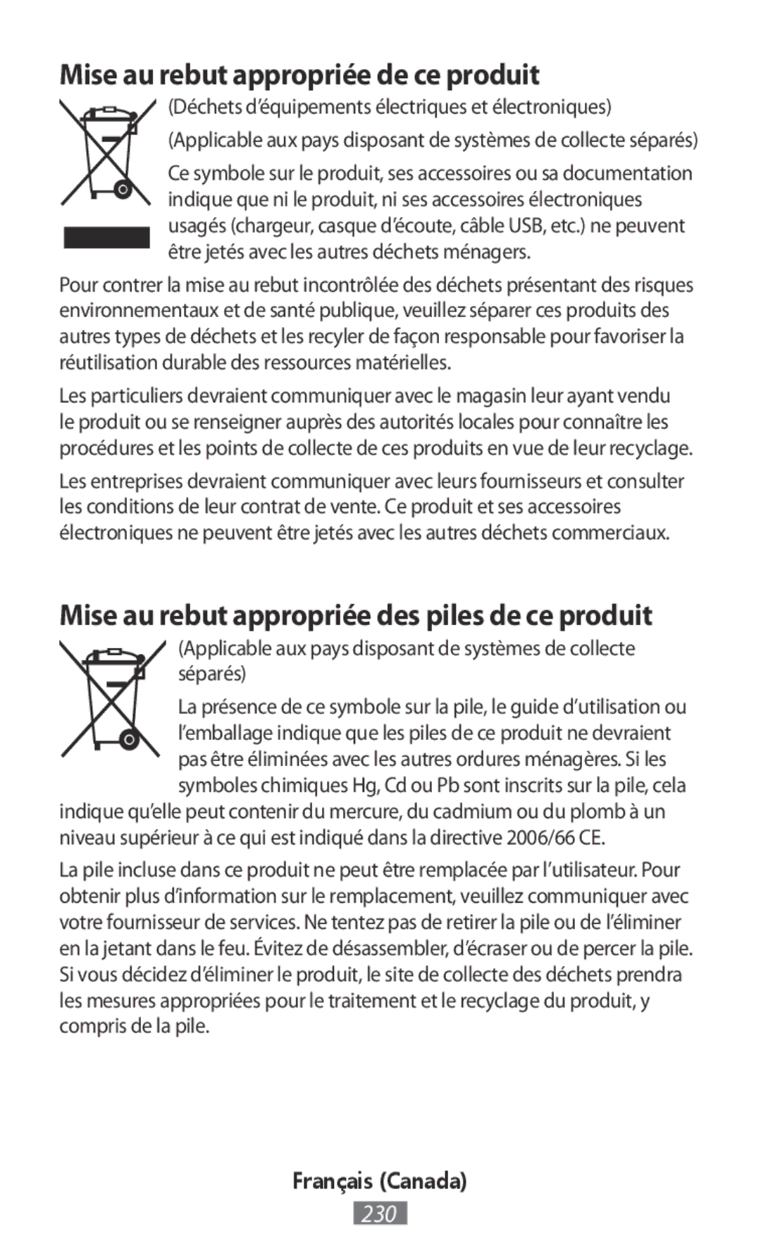 Samsung EO-BG920BLEGWW manual Mise au rebut appropriée de ce produit, Mise au rebut appropriée des piles de ce produit 