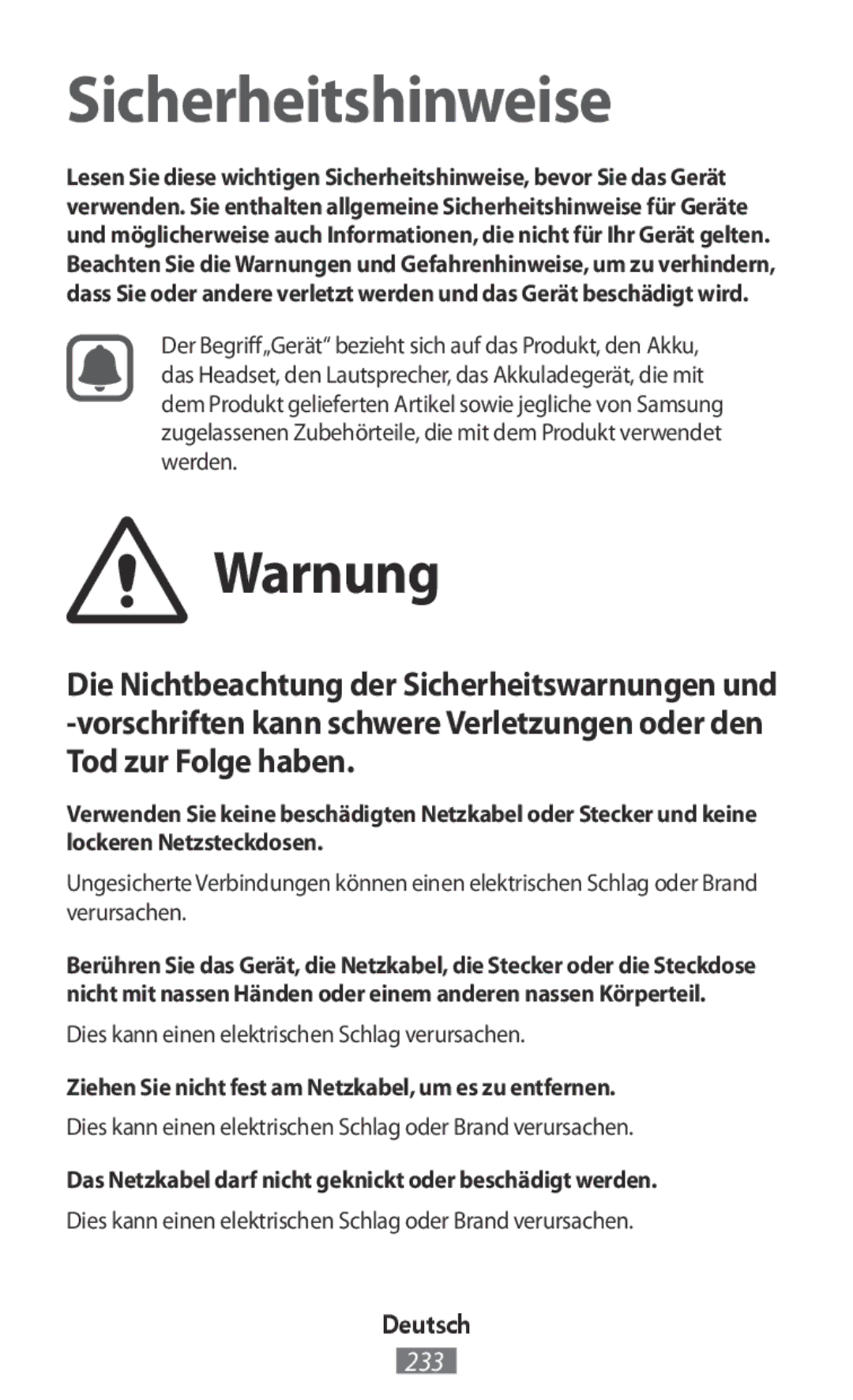 Samsung EJ-FT820BSEGFR, EO-BG920BLEGWW manual Warnung, Ziehen Sie nicht fest am Netzkabel, um es zu entfernen, Deutsch 