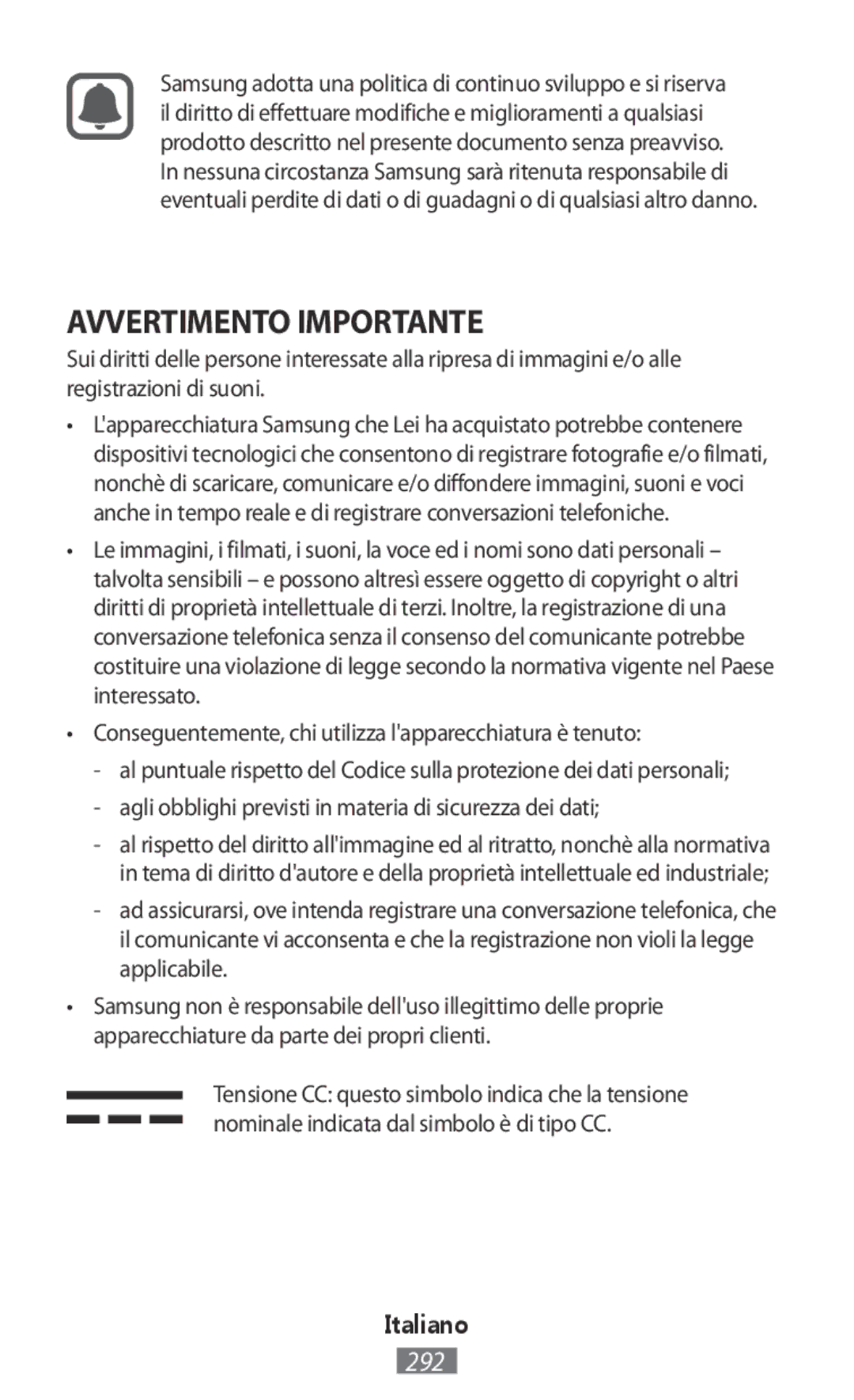 Samsung EO-BG920BFEGRU, EO-BG920BLEGWW Avvertimento Importante, Conseguentemente, chi utilizza lapparecchiatura è tenuto 