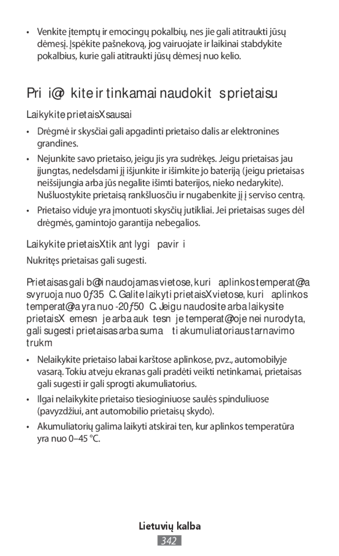 Samsung EO-BG920BLEGWW, EO-BG920BFEGWW manual Prižiūrėkite ir tinkamai naudokitės prietaisu, Laikykite prietaisą sausai 