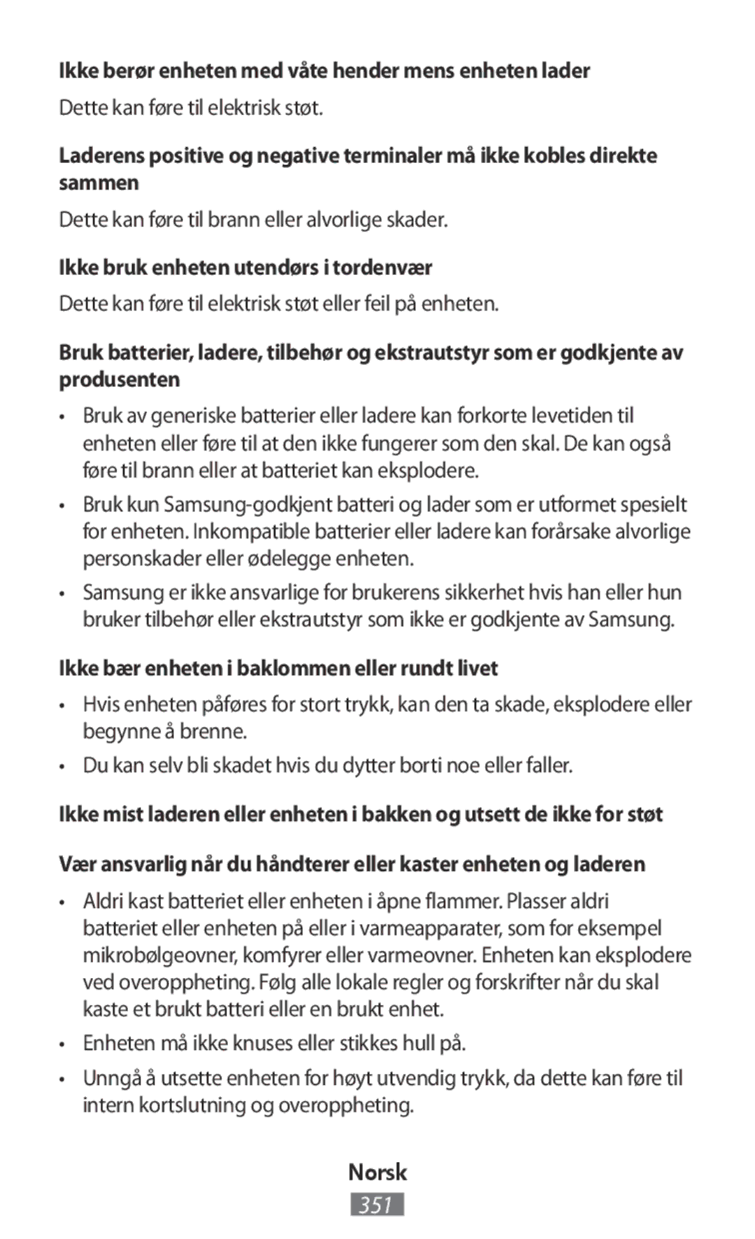 Samsung EO-BG950CLEGRU manual Ikke berør enheten med våte hender mens enheten lader, Ikke bruk enheten utendørs i tordenvær 