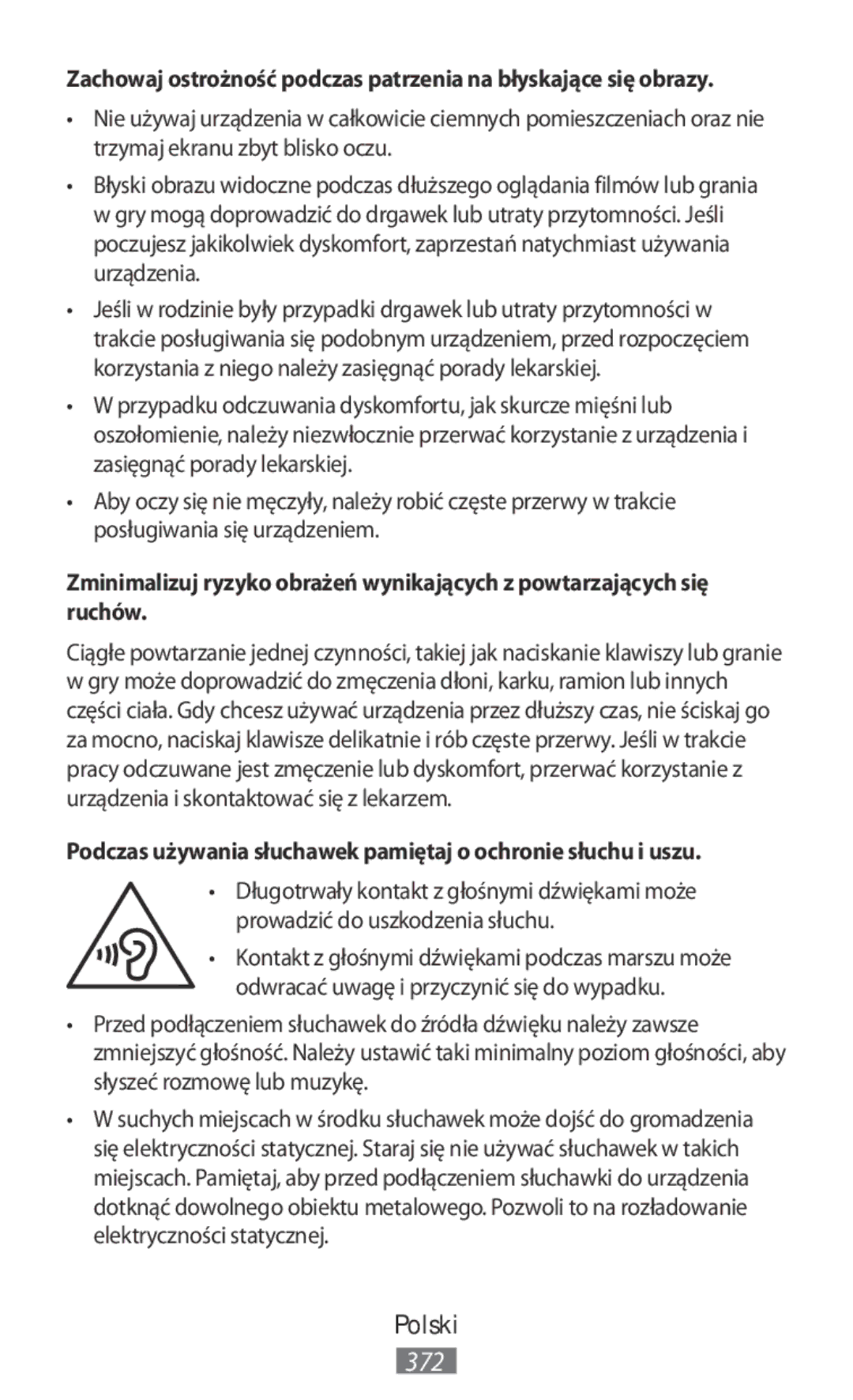 Samsung EO-BG950CLEGWW, EO-BG920BLEGWW, EO-BG920BFEGWW manual Podczas używania słuchawek pamiętaj o ochronie słuchu i uszu 