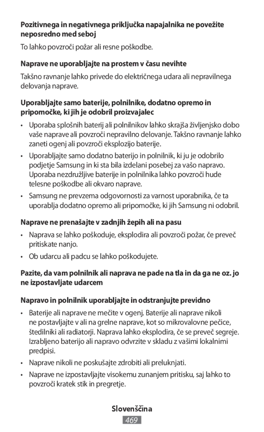 Samsung EO-BG920BWEGWW manual To lahko povzroči požar ali resne poškodbe, Naprave ne uporabljajte na prostem v času nevihte 