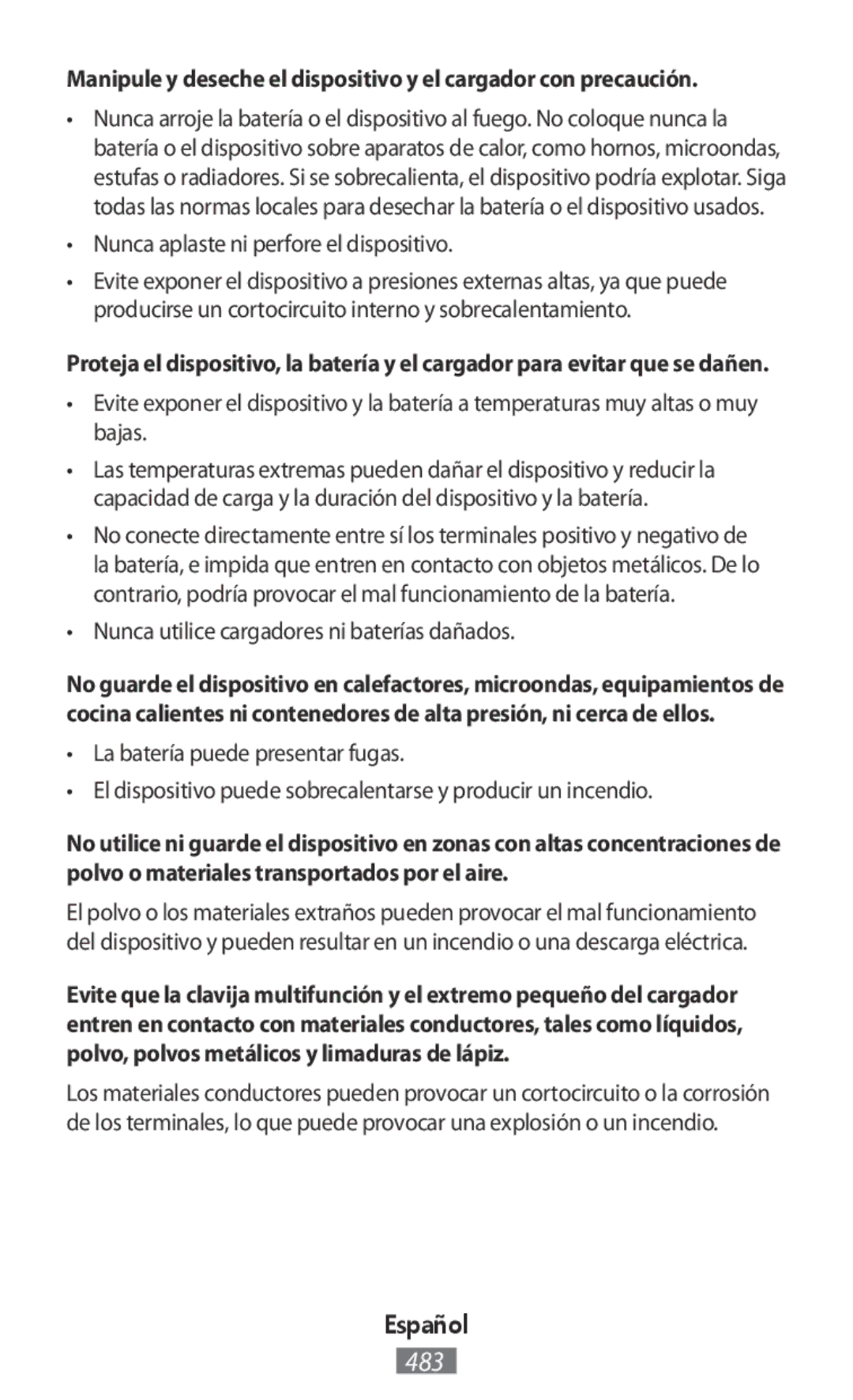 Samsung EO-BG950CLEGRU, EO-BG920B Nunca aplaste ni perfore el dispositivo, Nunca utilice cargadores ni baterías dañados 