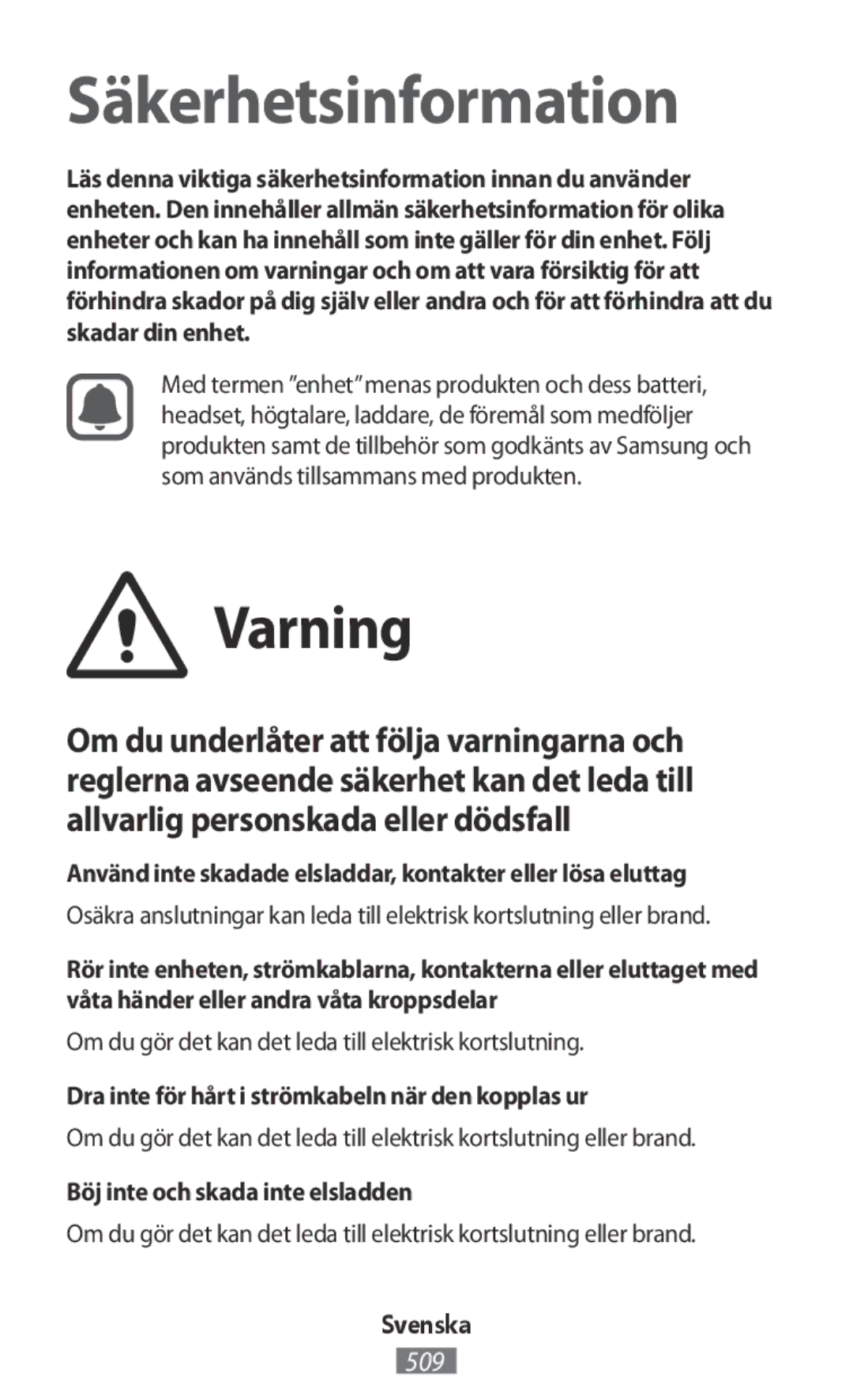 Samsung EJ-FT820BSEGIT, EO-BG920BLEGWW manual Varning, Använd inte skadade elsladdar, kontakter eller lösa eluttag, Svenska 