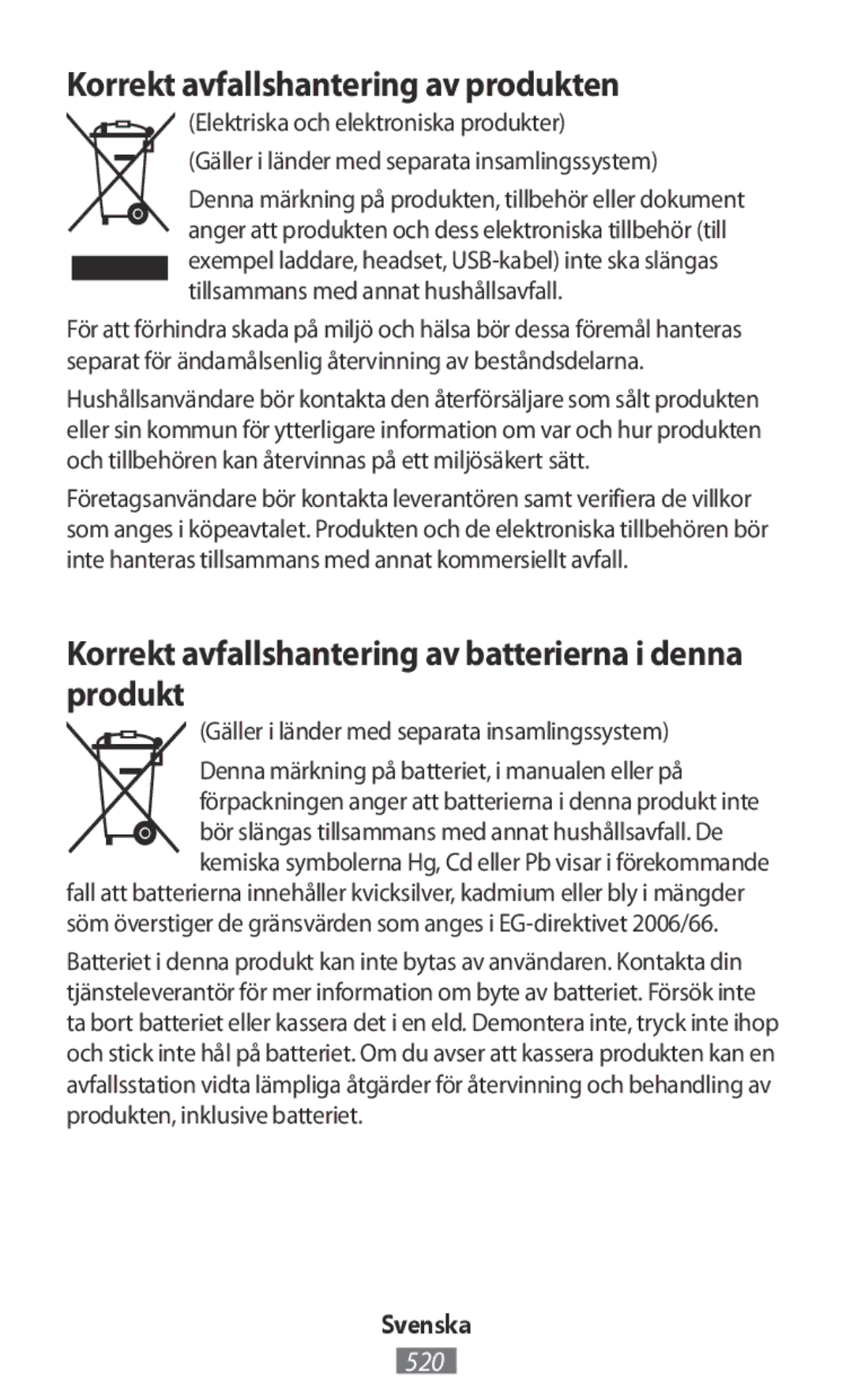 Samsung EO-SG930CBEGRU Korrekt avfallshantering av produkten, Korrekt avfallshantering av batterierna i denna produkt 