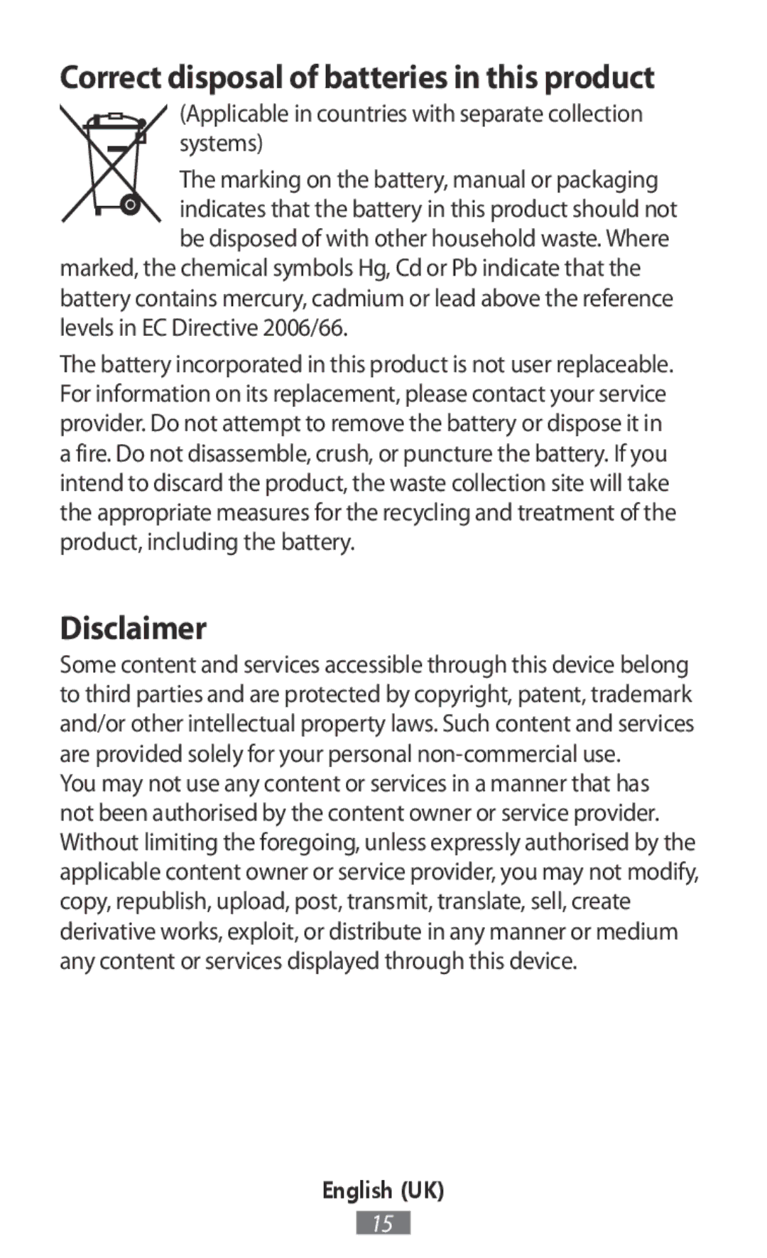 Samsung EO-BG930CBEGWW, EO-BG930CGEGWW, EO-BG930CPEGWW, EO-SG900 Disclaimer, Correct disposal of batteries in this product 