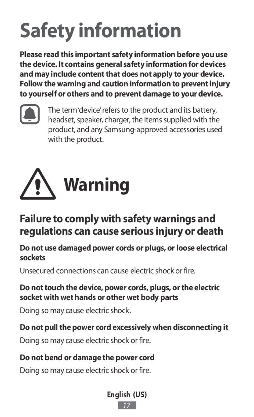 Samsung EB-PN930CSEGWW, EO-BG930CGEGWW, EO-SG900 Do not pull the power cord excessively when disconnecting it, English US 