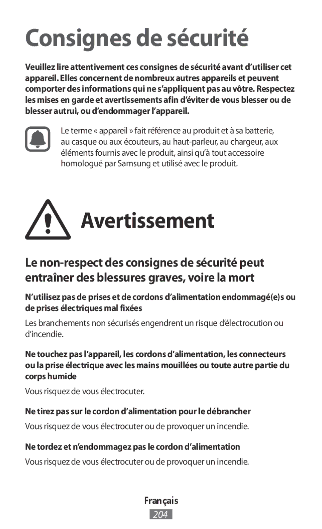 Samsung EO-BG930CPEGWW, EO-BG930CGEGWW, EJ-FT810MBEGDE, EO-SG900 Avertissement, Vous risquez de vous électrocuter, Français 