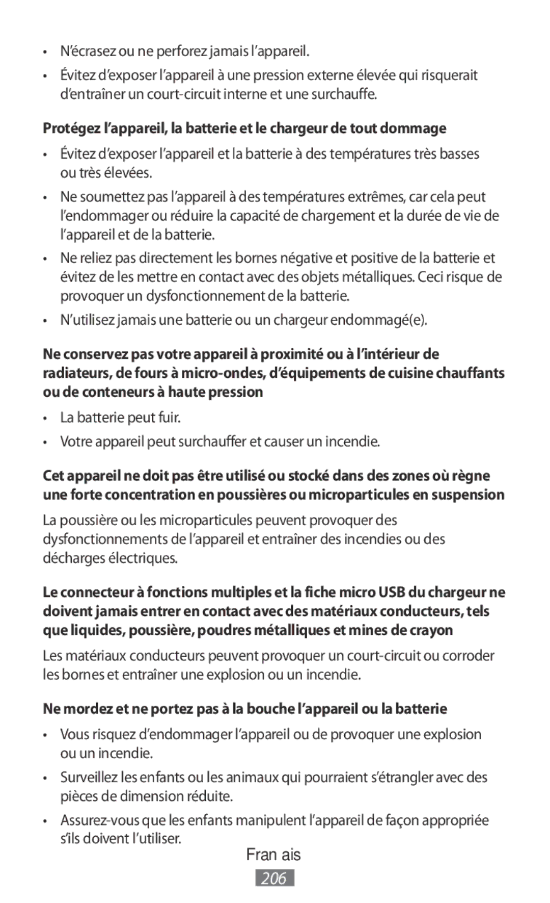 Samsung SM-R150NZBADBT ’écrasez ou ne perforez jamais l’appareil, ’utilisez jamais une batterie ou un chargeur endommagée 