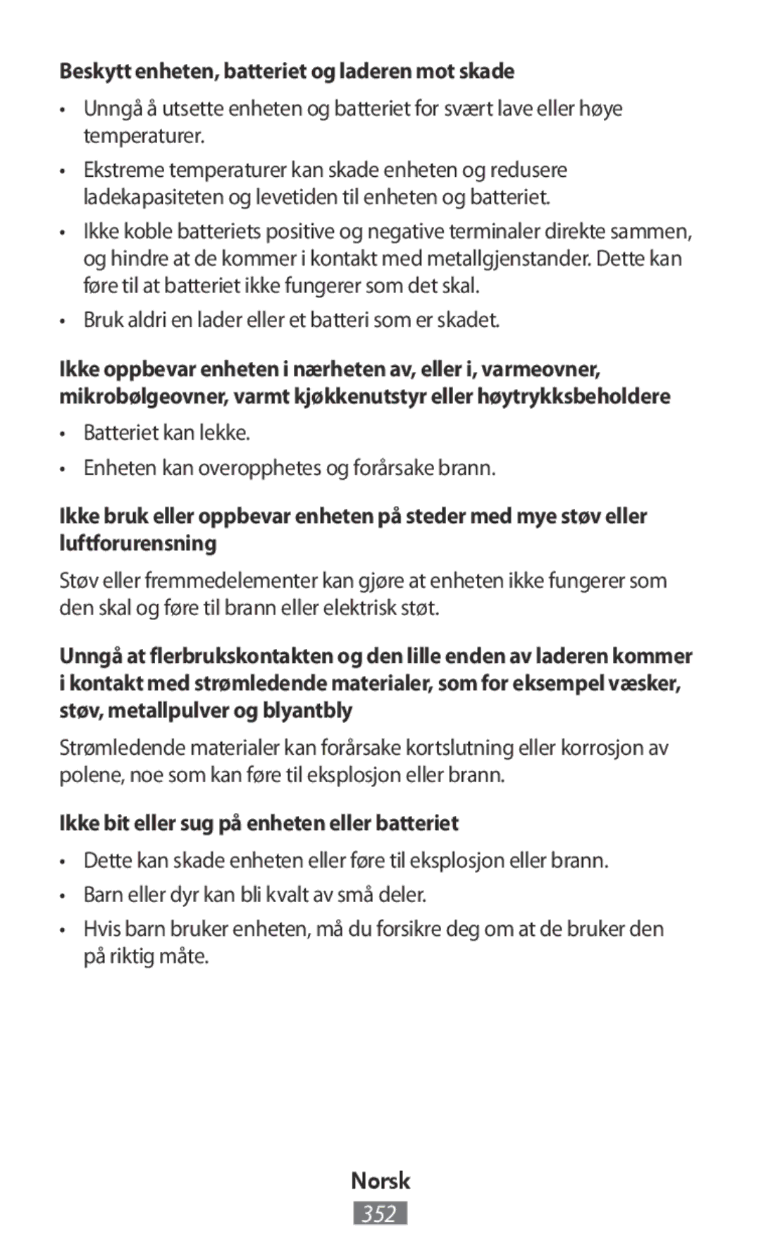 Samsung EJ-FT810BWEGGB Beskytt enheten, batteriet og laderen mot skade, Bruk aldri en lader eller et batteri som er skadet 