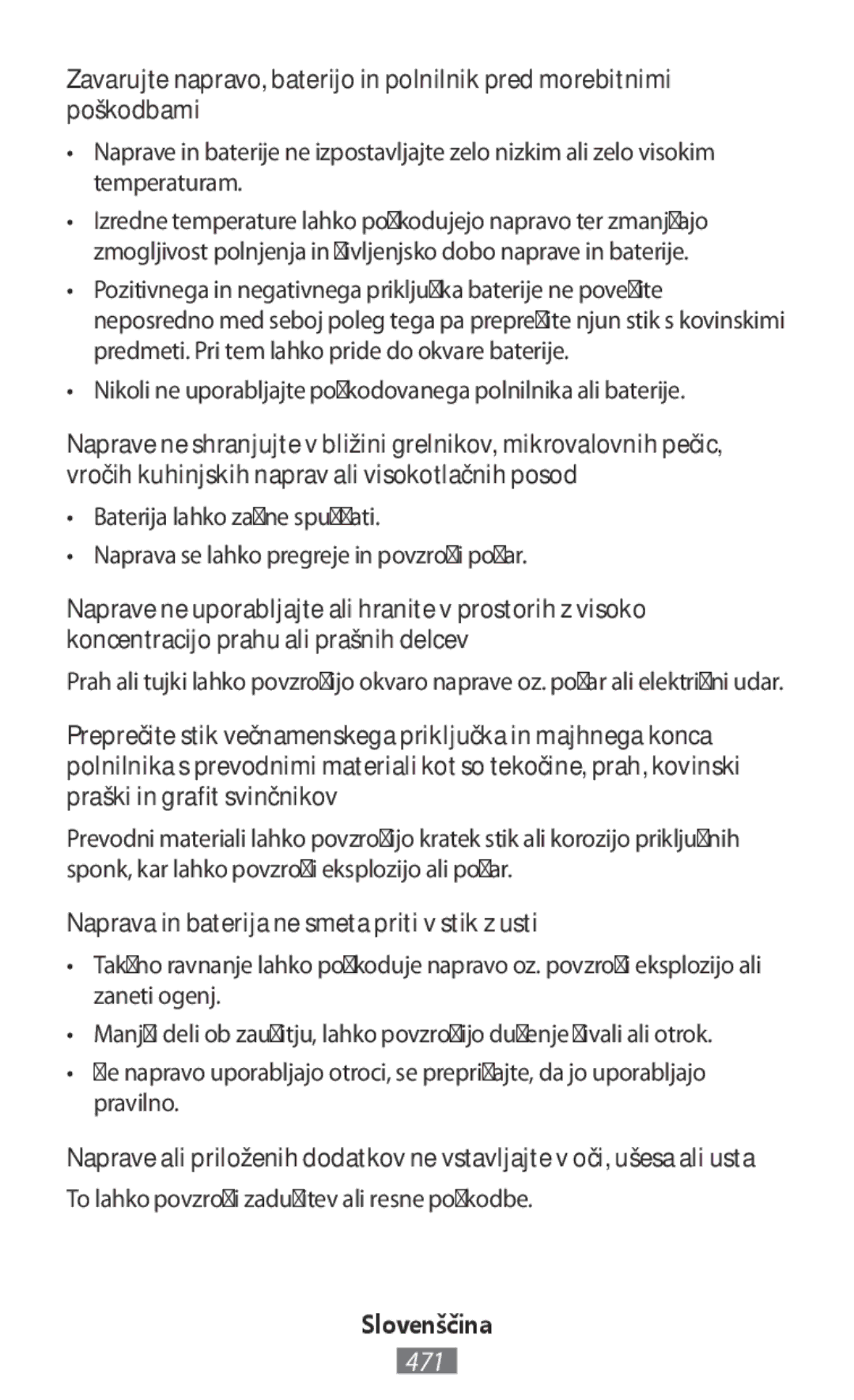 Samsung EO-SG900DREDWW Naprava in baterija ne smeta priti v stik z usti, To lahko povzroči zadušitev ali resne poškodbe 