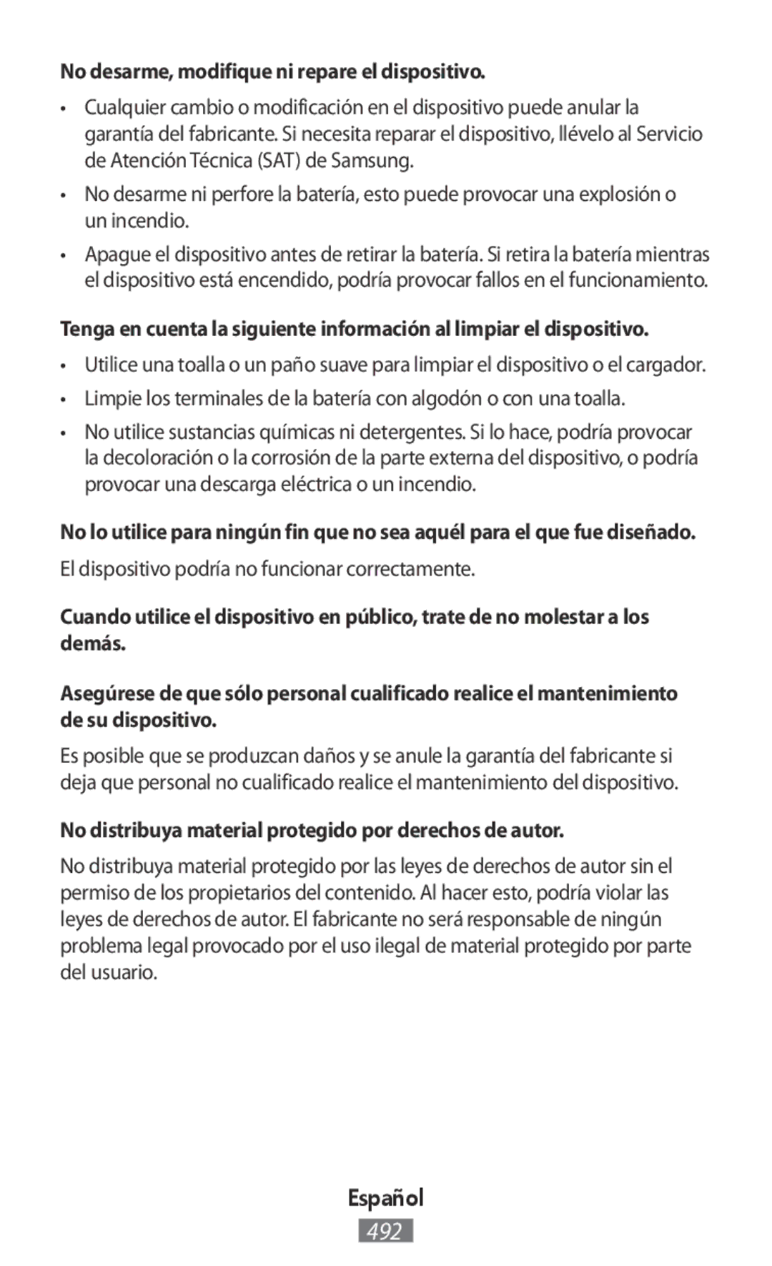 Samsung EO-BG930CWEGRU No desarme, modifique ni repare el dispositivo, El dispositivo podría no funcionar correctamente 