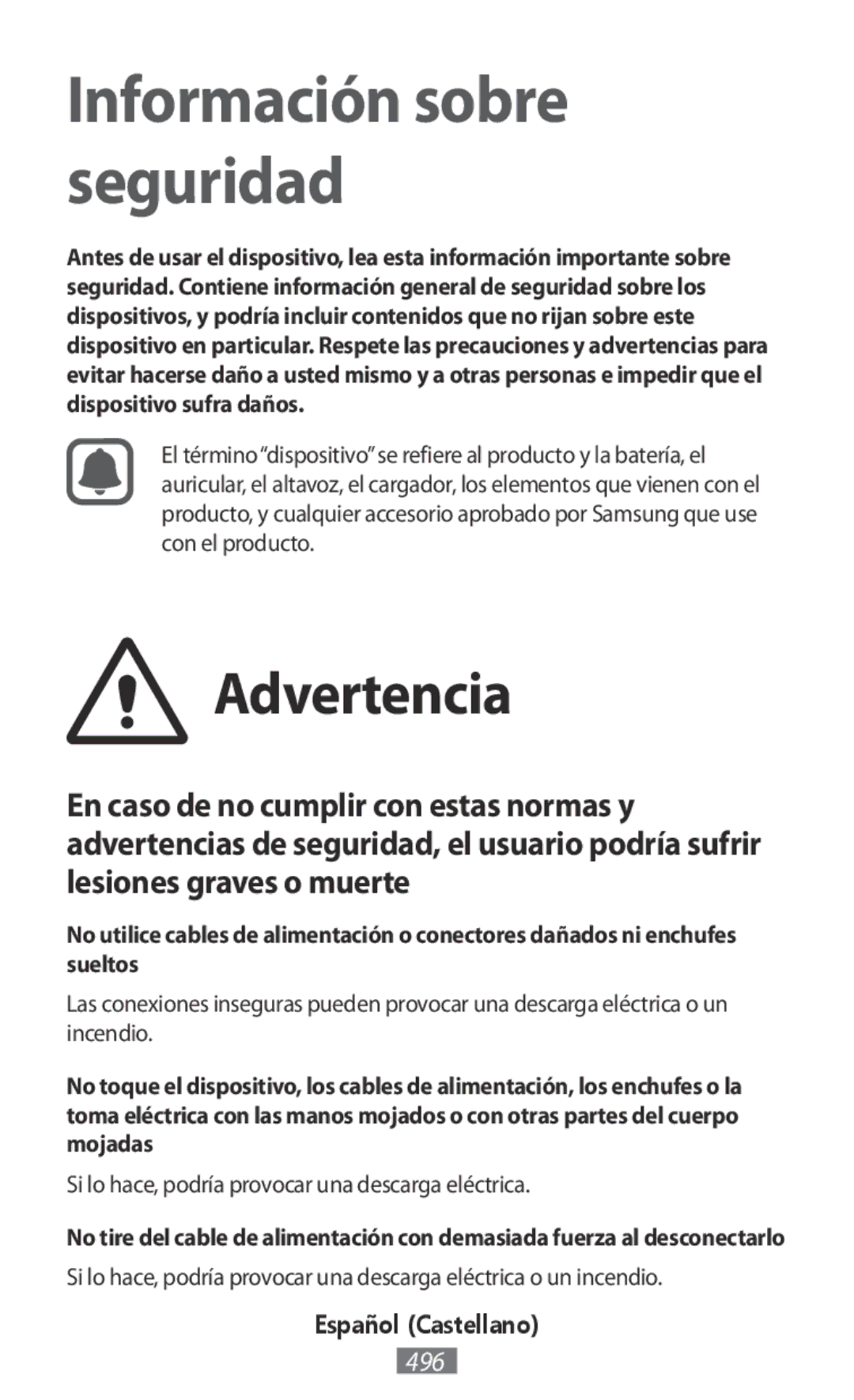 Samsung EO-BG930CBEGRU, EO-BG930CGEGWW, EO-BG930CPEGWW, EJ-FT810MBEGDE manual Información sobre seguridad, Español Castellano 