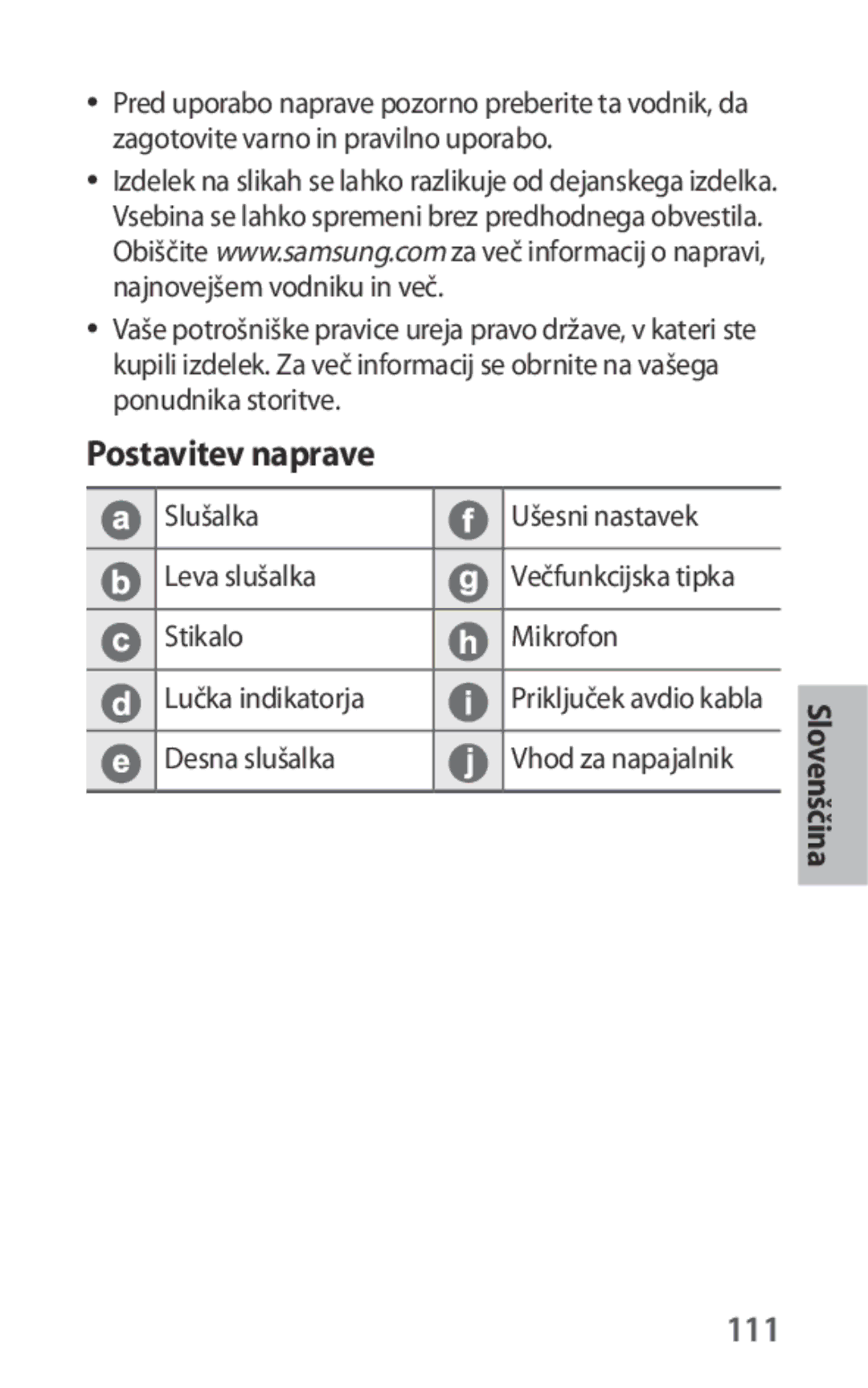 Samsung EO-IG930BBEGRU Postavitev naprave, 111, Slušalka Ušesni nastavek Leva slušalka, Stikalo Mikrofon Lučka indikatorja 