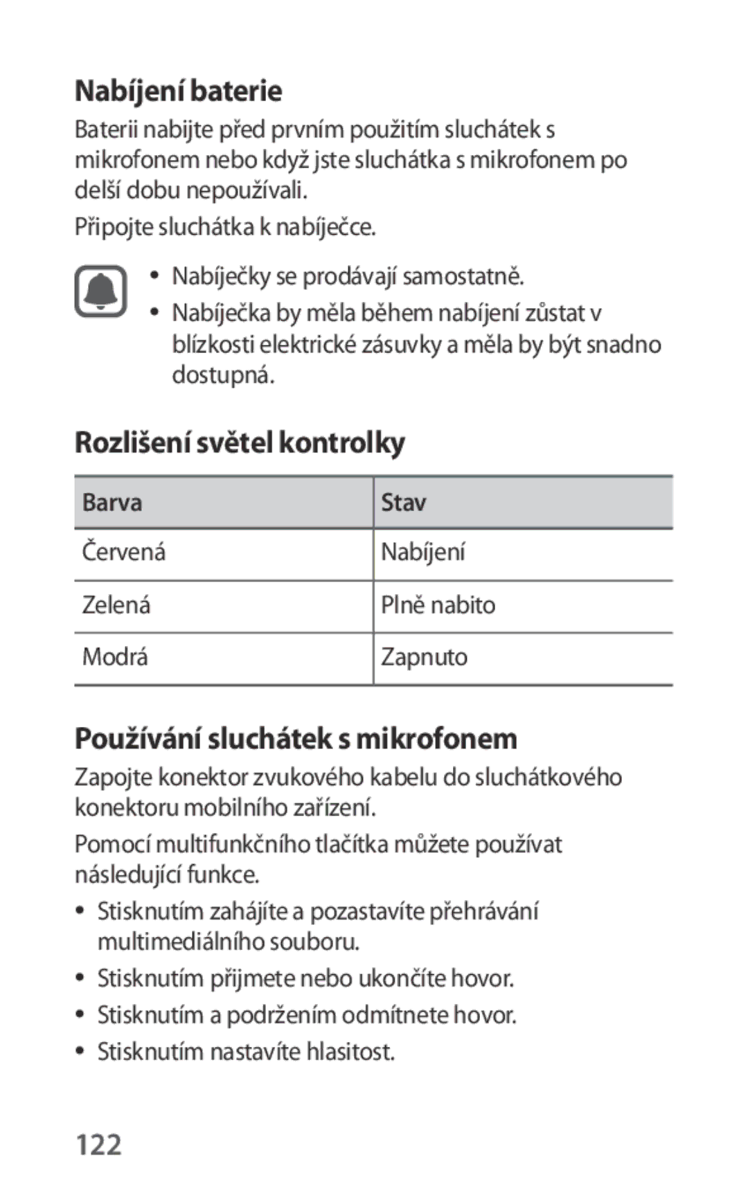 Samsung EO-IG930BWEGRU, EO-IG930BBEGWW Nabíjení baterie, Rozlišení světel kontrolky, Používání sluchátek s mikrofonem, 122 