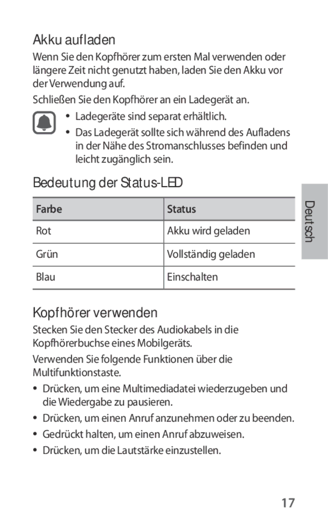 Samsung EO-IG930BWEGWW Akku aufladen, Bedeutung der Status-LED, Kopfhörer verwenden, Ladegeräte sind separat erhältlich 