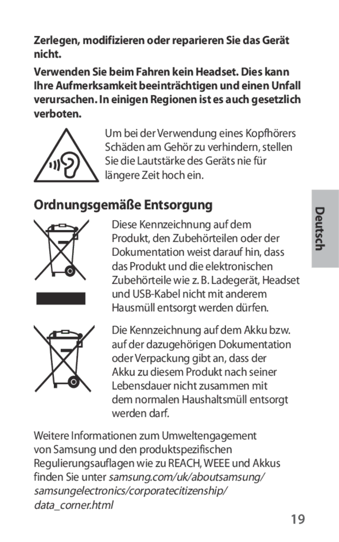 Samsung EO-IG930BBEGRU manual Ordnungsgemäße Entsorgung, Zerlegen, modifizieren oder reparieren Sie das Gerät nicht 