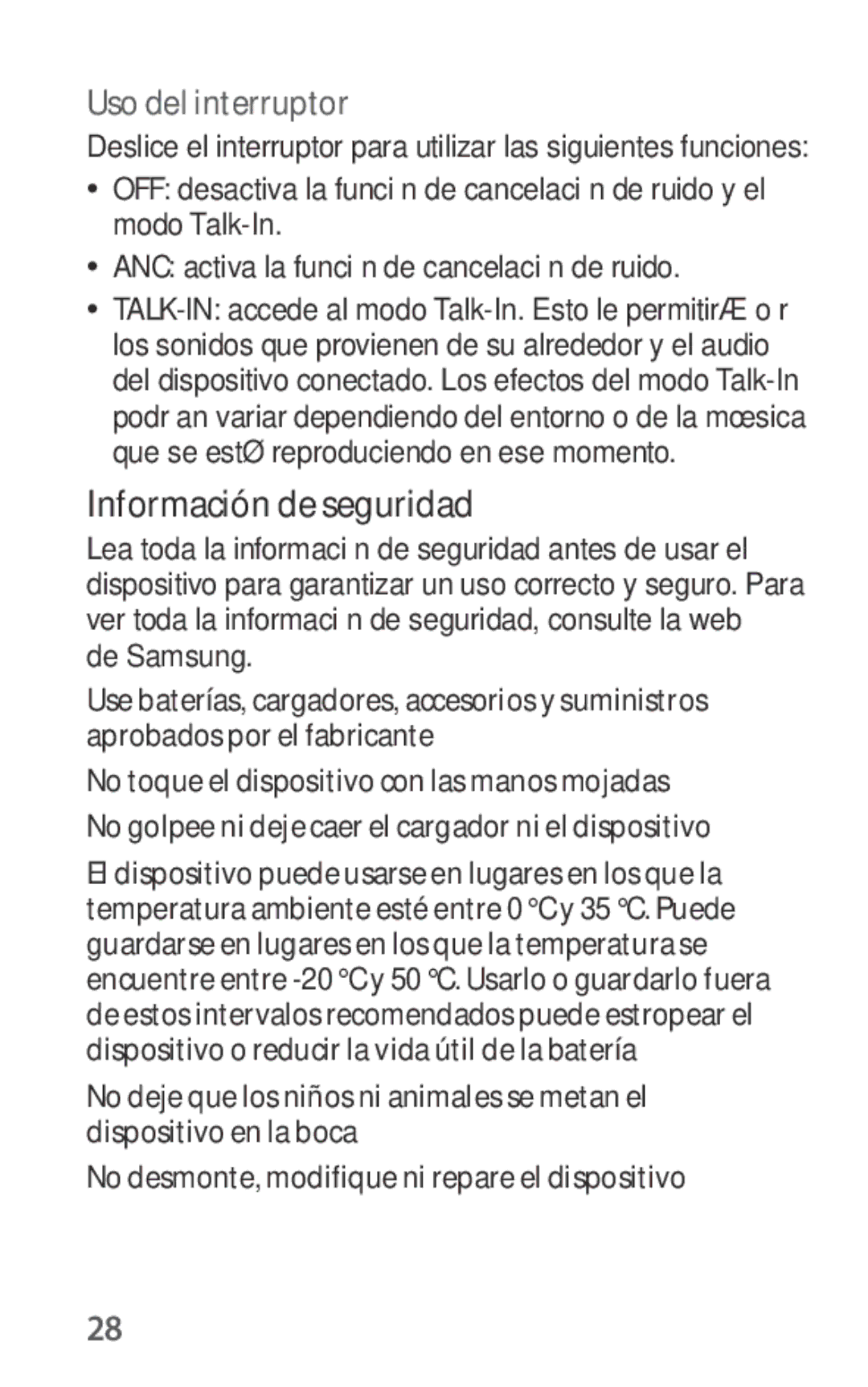 Samsung EO-IG930BBEGWW, EO-IG930BWEGWW, EO-IG930BWEGRU, EO-IG930BBEGRU manual Información de seguridad, Uso del interruptor 