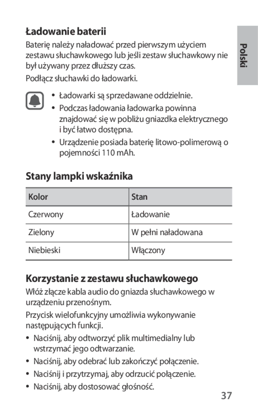 Samsung EO-IG930BWEGWW, EO-IG930BBEGWW manual Ładowanie baterii, Stany lampki wskaźnika, Korzystanie z zestawu słuchawkowego 