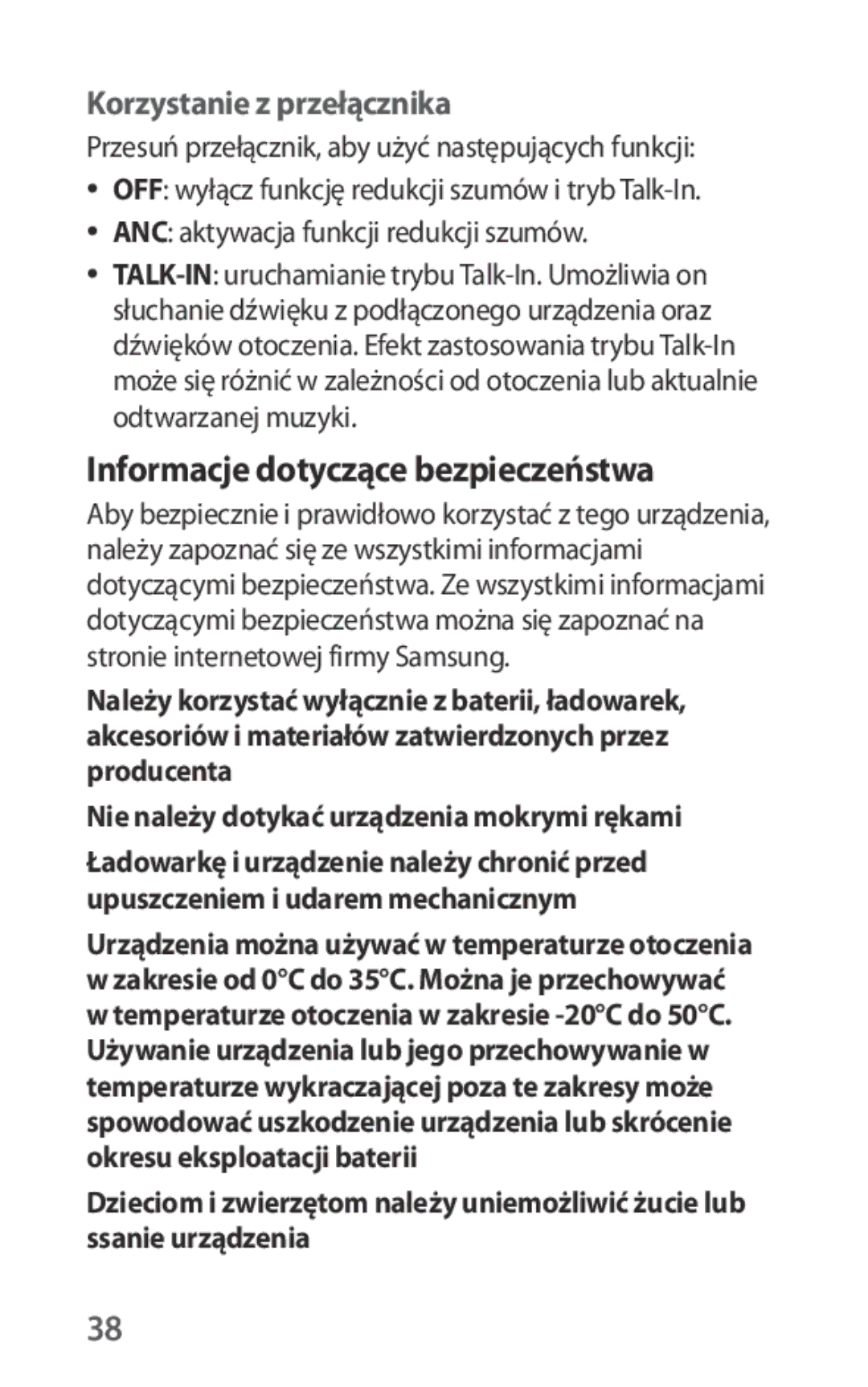 Samsung EO-IG930BWEGRU, EO-IG930BBEGWW, EO-IG930BWEGWW manual Informacje dotyczące bezpieczeństwa, Korzystanie z przełącznika 