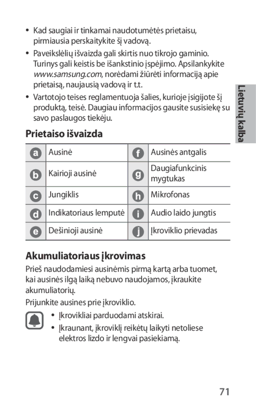 Samsung EO-IG930BBEGRU, EO-IG930BBEGWW, EO-IG930BWEGWW manual Prietaiso išvaizda, Akumuliatoriaus įkrovimas, Dešinioji ausinė 