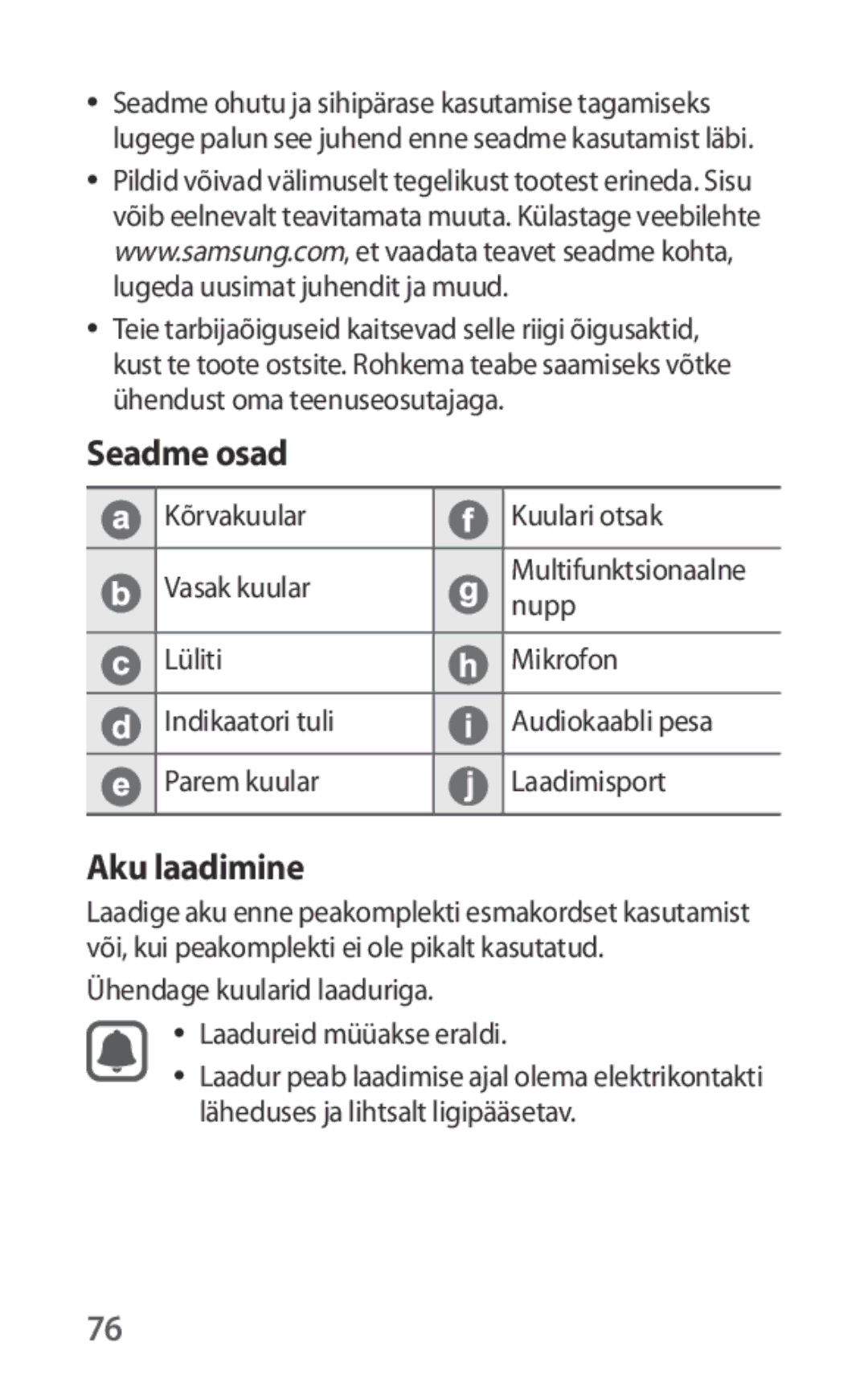 Samsung EO-IG930BBEGWW, EO-IG930BWEGWW manual Seadme osad, Aku laadimine, Kõrvakuular Kuulari otsak Vasak kuular, Nupp 