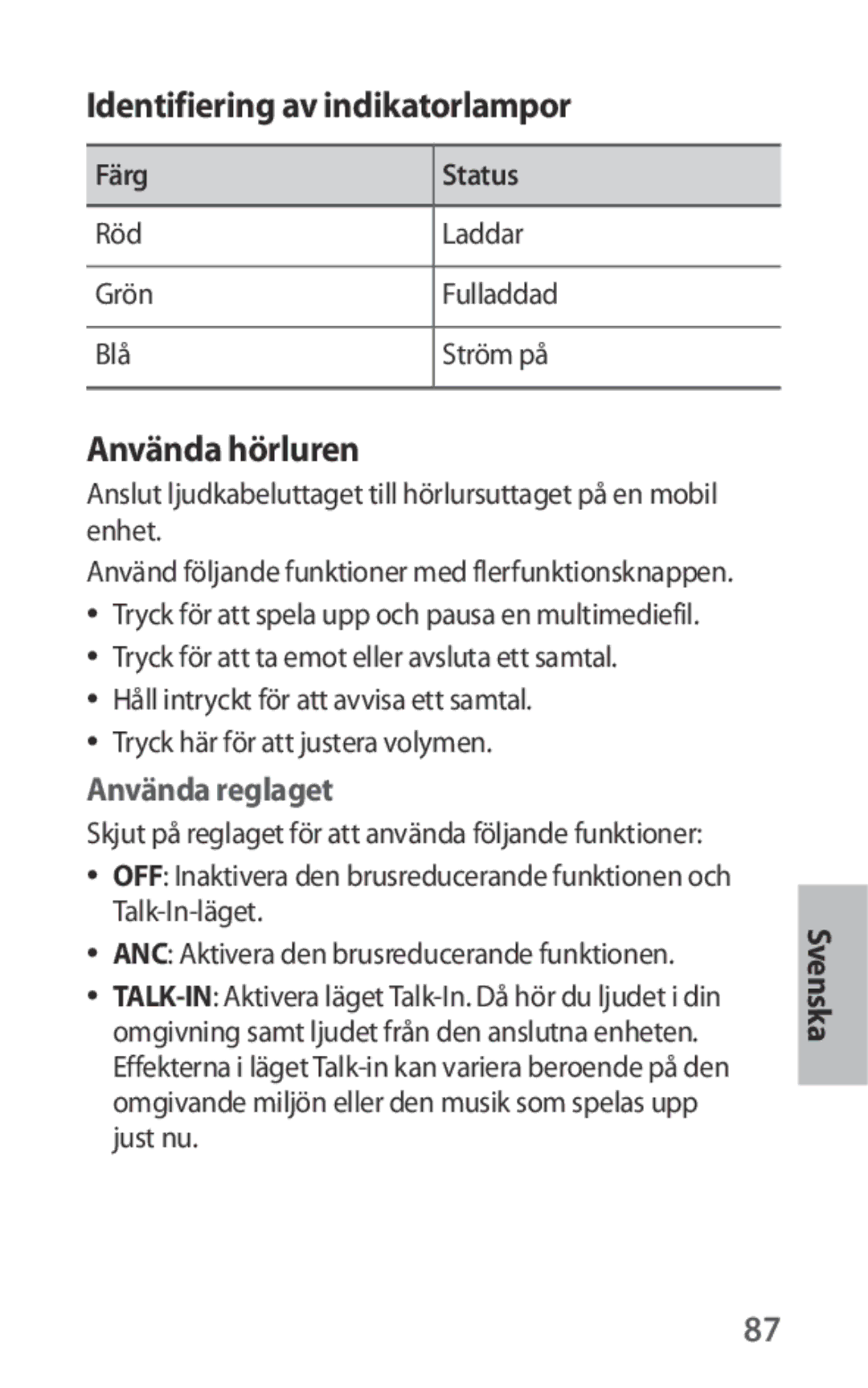 Samsung EO-IG930BBEGRU manual Identifiering av indikatorlampor, Använda hörluren, Röd Laddar Grön Fulladdad Blå Ström på 