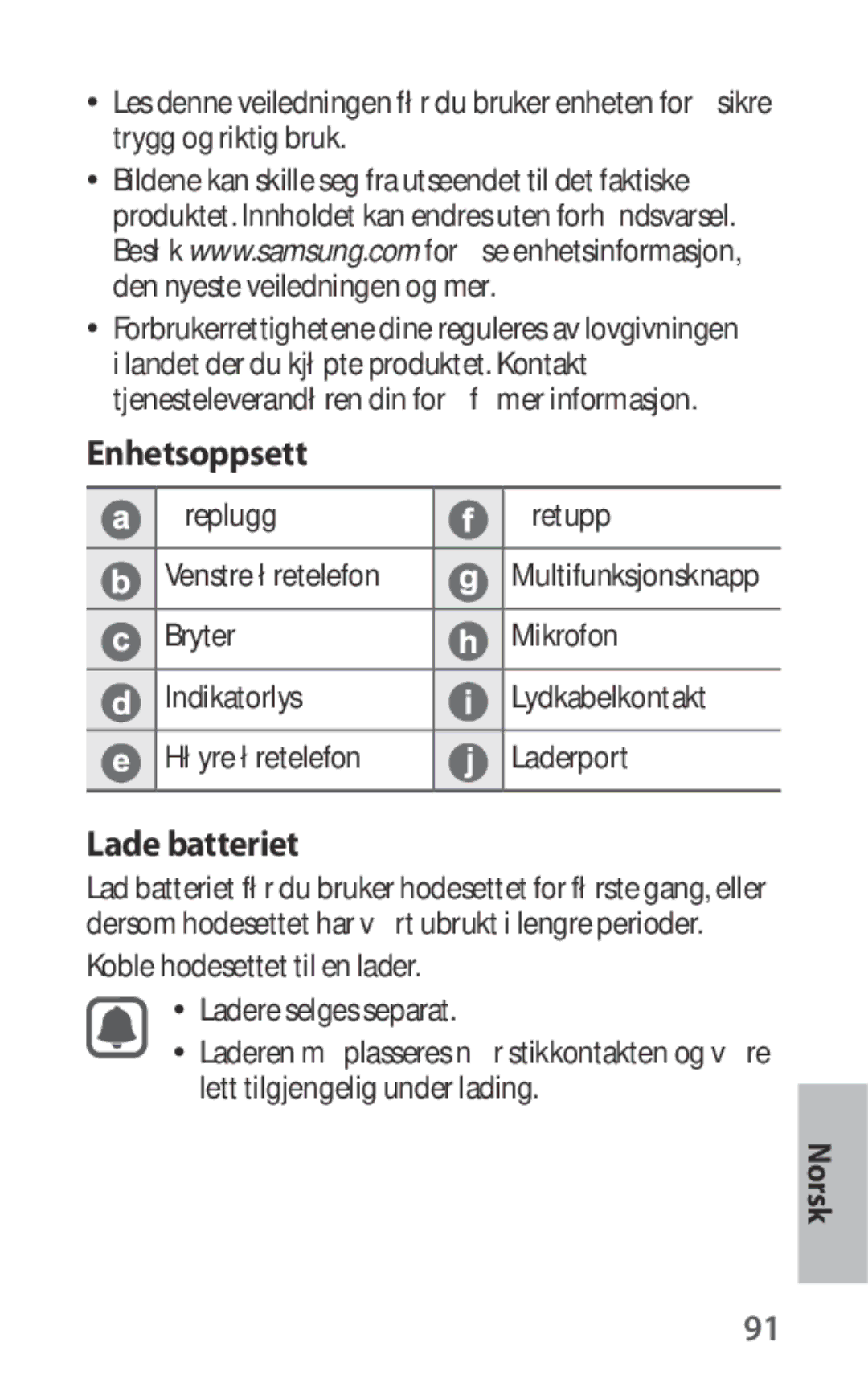 Samsung EO-IG930BBEGRU, EO-IG930BBEGWW, EO-IG930BWEGWW Enhetsoppsett, Lade batteriet, Øreplugg Øretupp Venstre øretelefon 