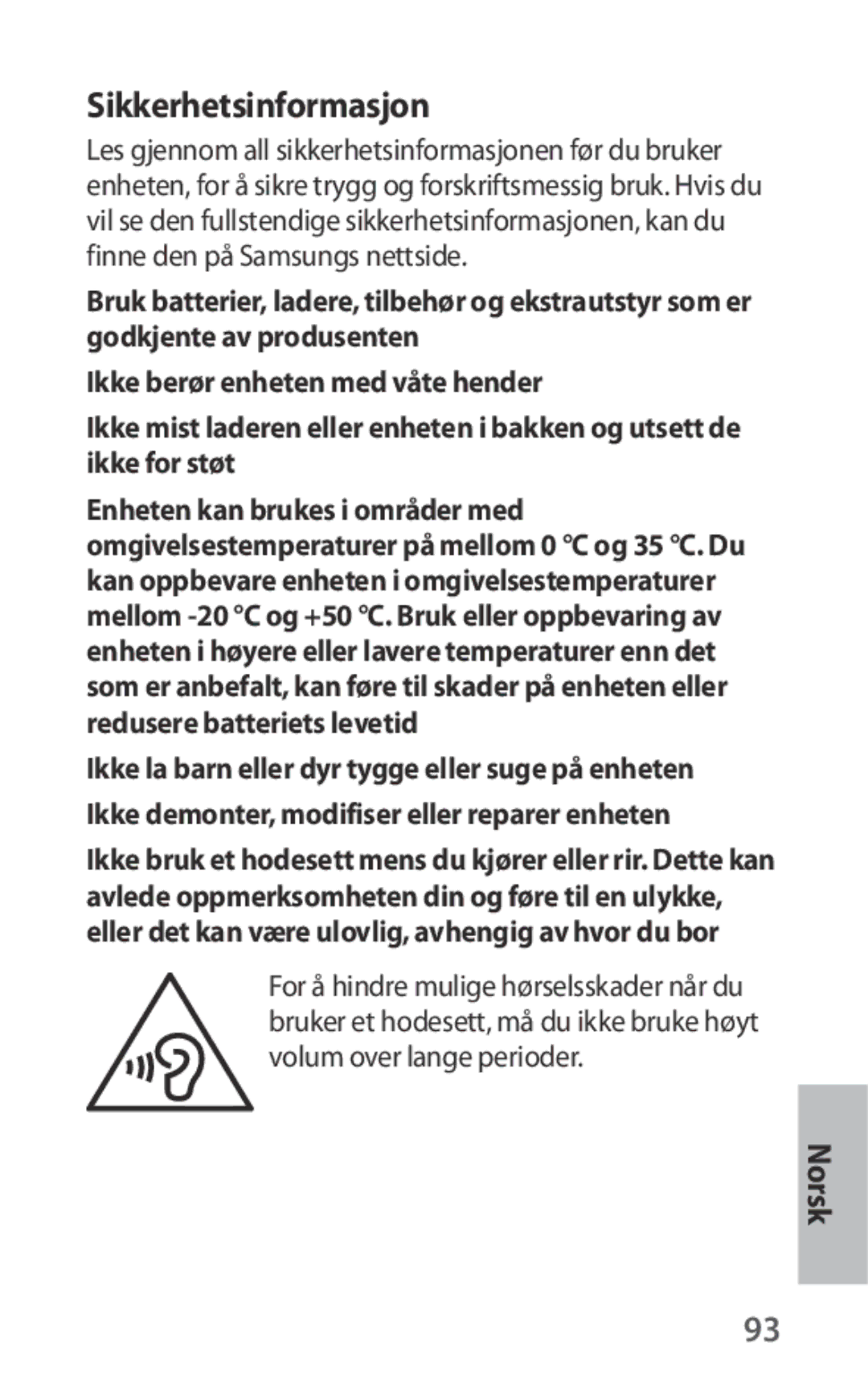 Samsung EO-IG930BWEGWW, EO-IG930BBEGWW, EO-IG930BWEGRU, EO-IG930BBEGRU manual Sikkerhetsinformasjon 