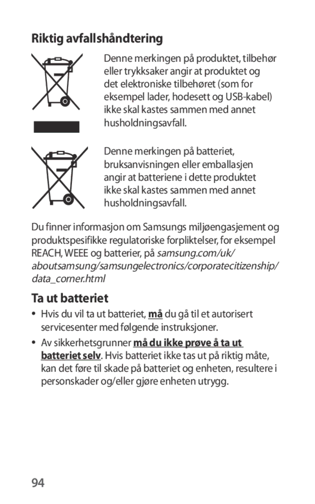 Samsung EO-IG930BWEGRU, EO-IG930BBEGWW, EO-IG930BWEGWW, EO-IG930BBEGRU manual Riktig avfallshåndtering, Ta ut batteriet 