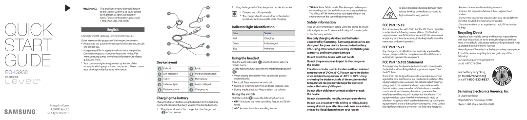 Samsung EO-IG930BBEGWW manual Device layout, Charging the battery, Indicator light identification, Using the headset 