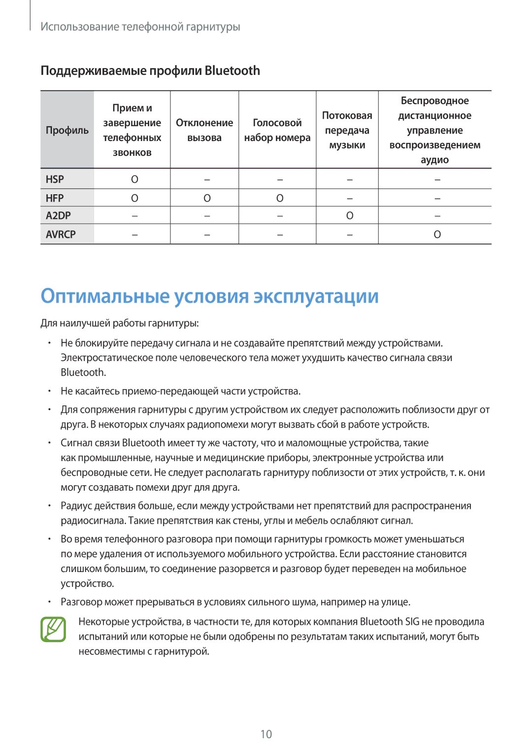 Samsung EO-MG900EBRGRU, EO-MG900B Оптимальные условия эксплуатации, Поддерживаемые профили Bluetooth, Прием и Беспроводное 