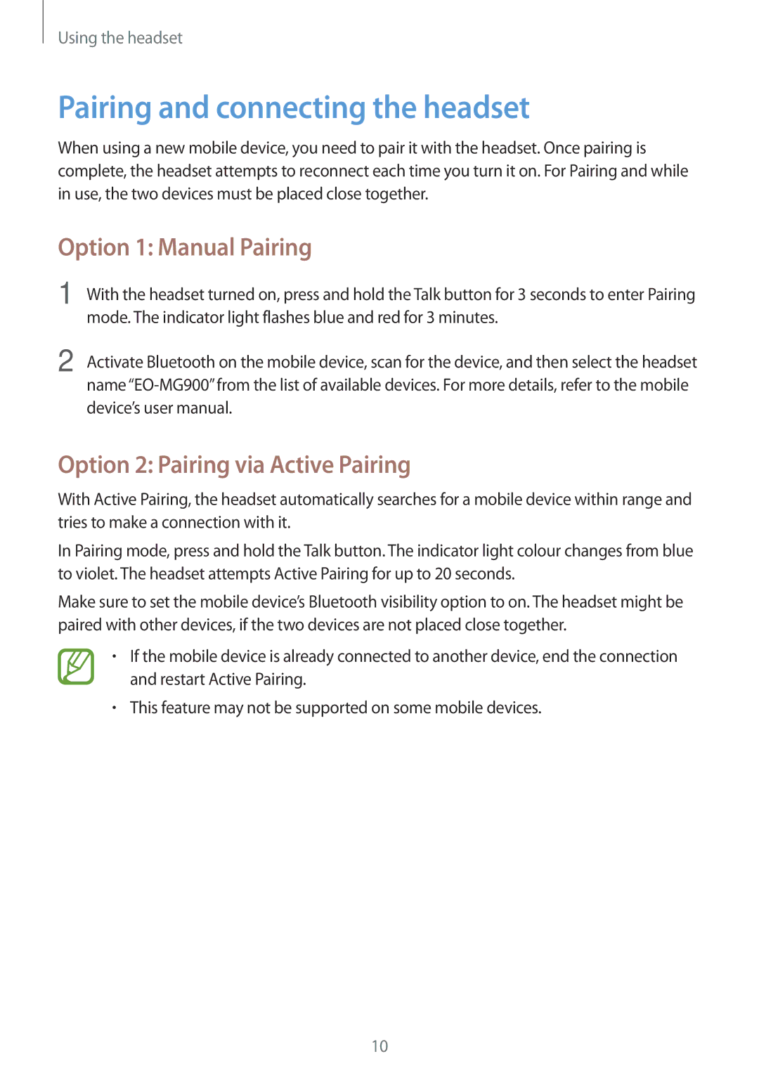 Samsung EO-MG900EBRGRU Pairing and connecting the headset, Option 1 Manual Pairing, Option 2 Pairing via Active Pairing 